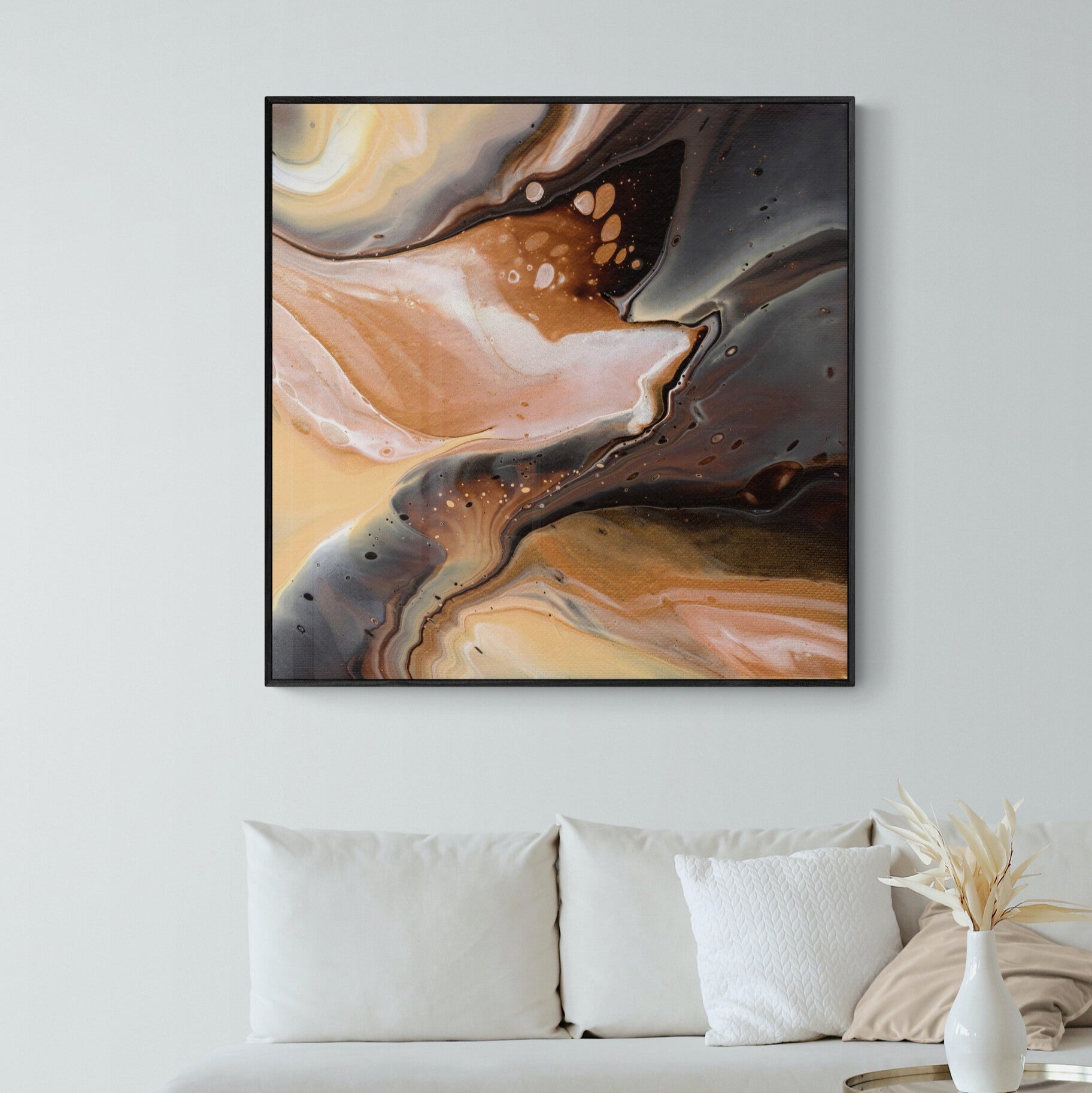 NL Modern Art Canvas Print comforting-chocolate-caramel-3-in- black frame on wall in small-living-room-space-with-natural-tones