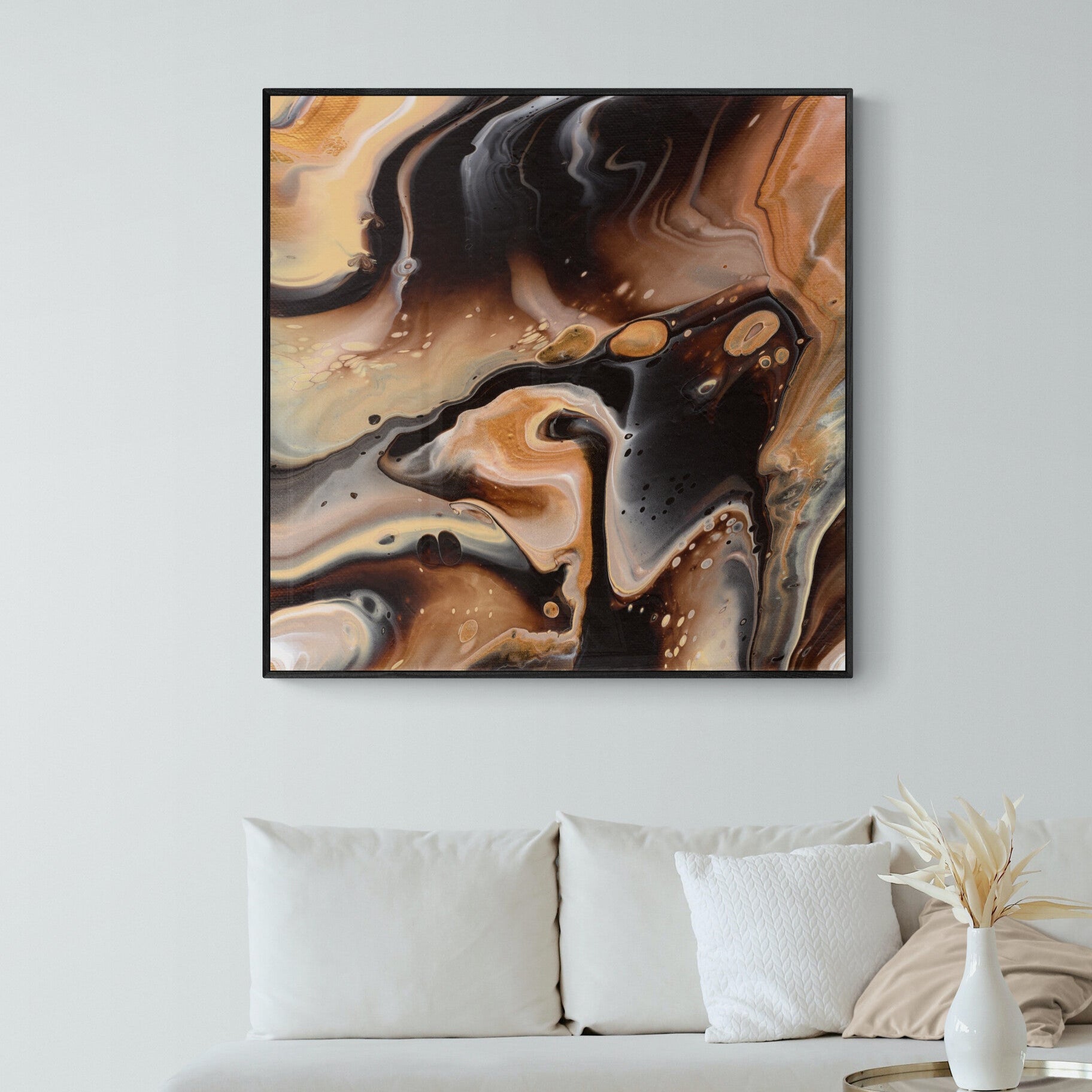 NL modern art-canvas print comforting-chocolate-caramel-4-in black frame on wall in small-living-room-space-with-natural-tones