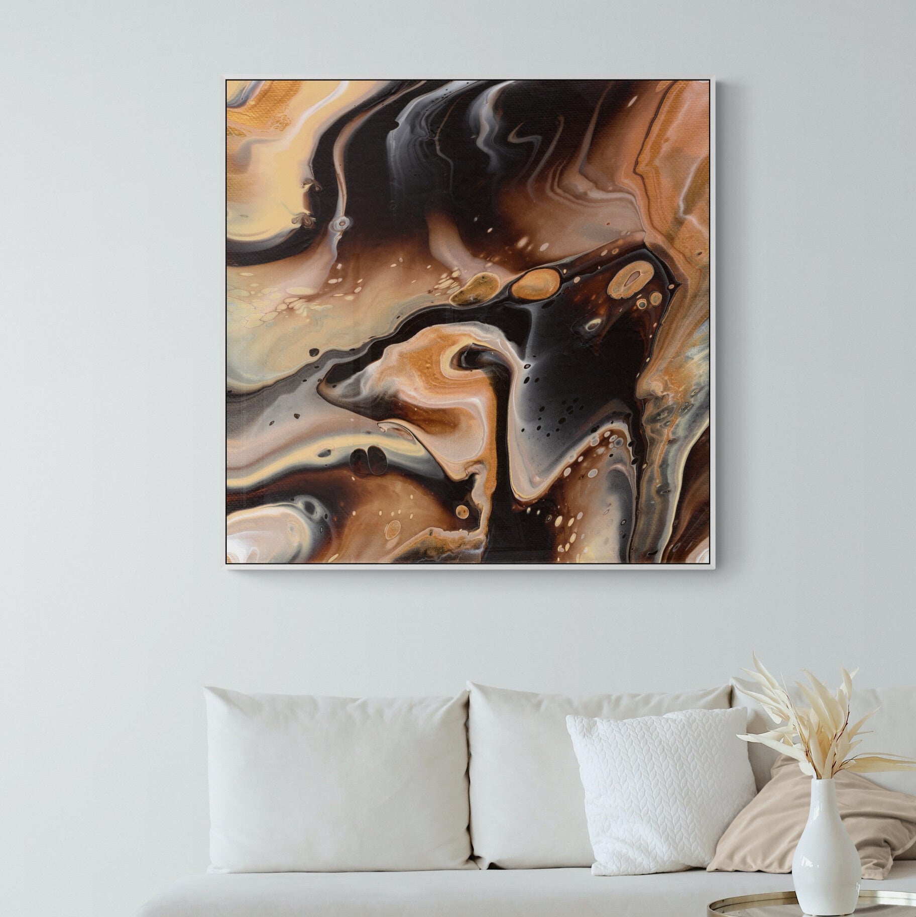 NL modern art canvas print-comforting-chocolate-caramel-4-in-white frame on wall in small-living-room-space-with-natural-tones