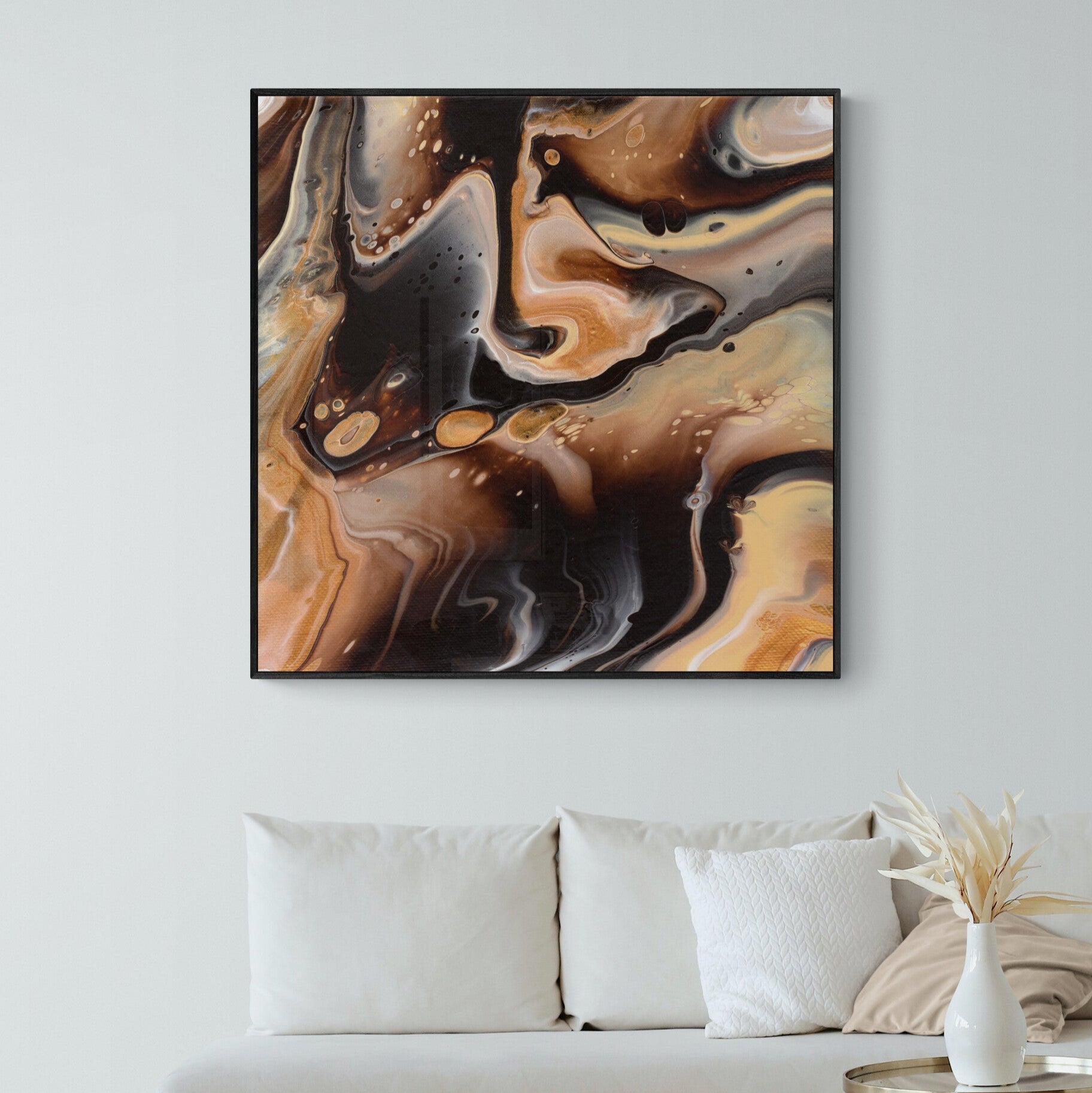 NL modern art canvas print-comforting-chocolate-caramel-5-in-black-frame-in-small-living-room-space-with-natural-tones