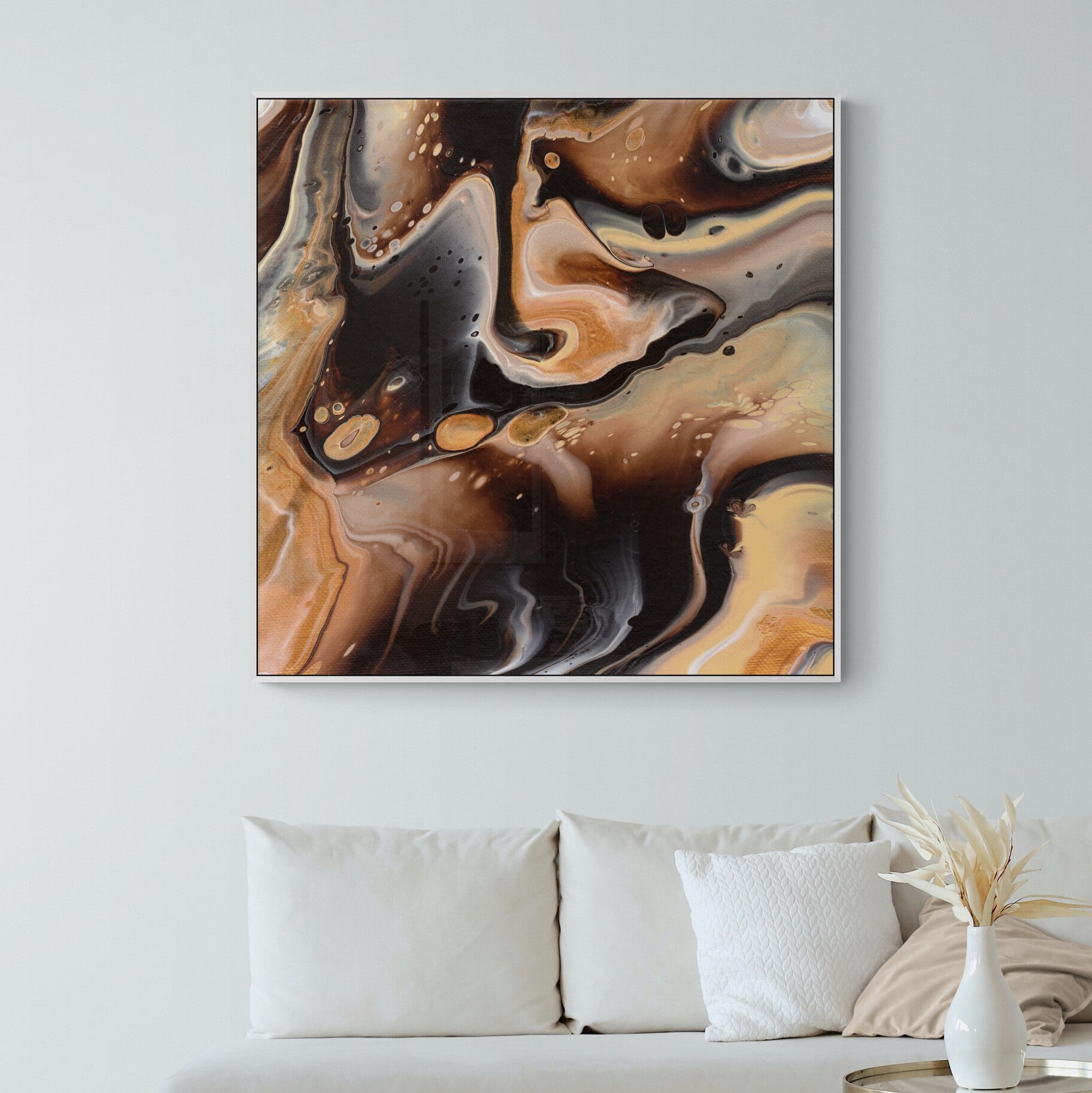 NL modern art-canvas-print-comforting-chocolate-caramel-5-in-white-frame-in-small-living-room-space-with-natural-tones