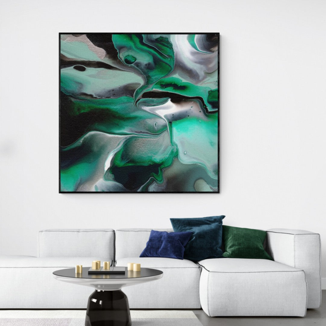 NL modern art-framed-prints-uplifting-malachite-3-in-modern-living-room-with-large-rug-black-frame