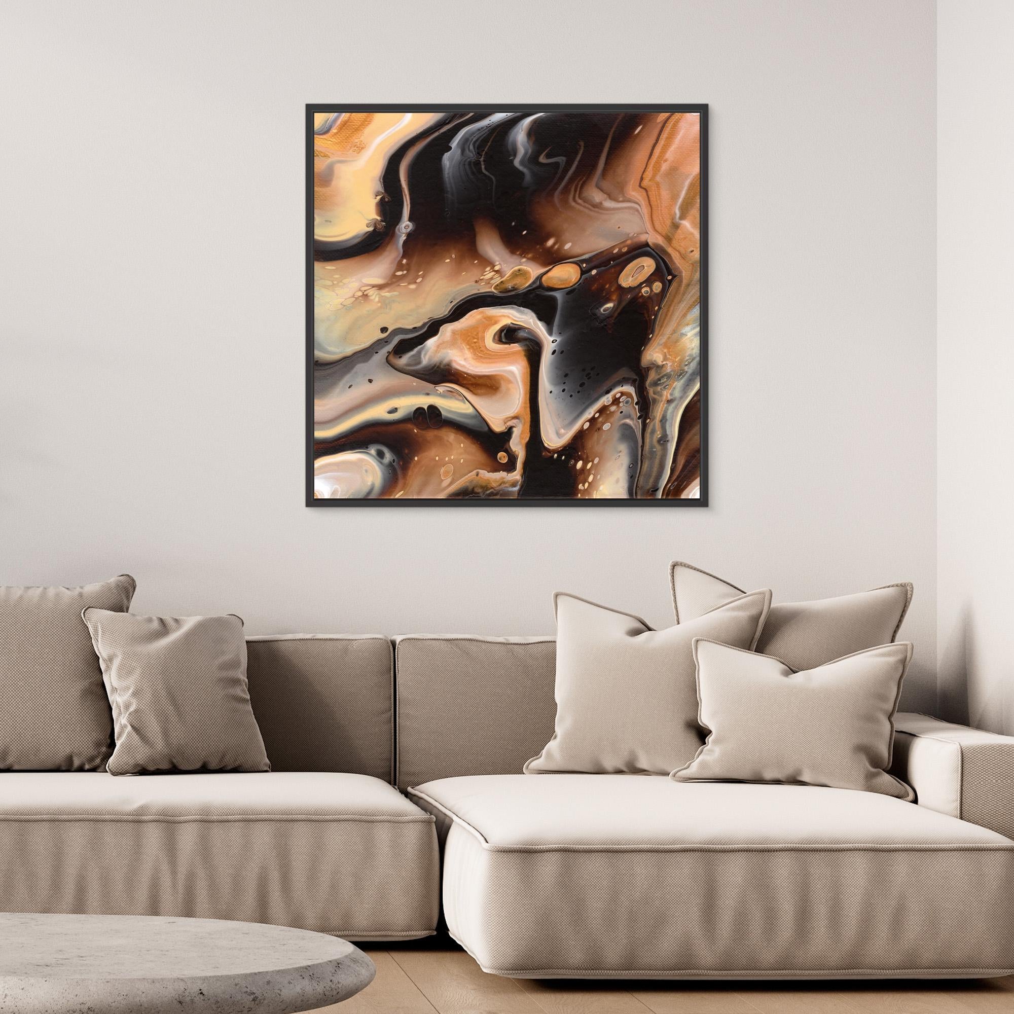 NL modern art Canvas Print Comforting Chocolate Caramel 4 in black frame on wall over comfy sofa