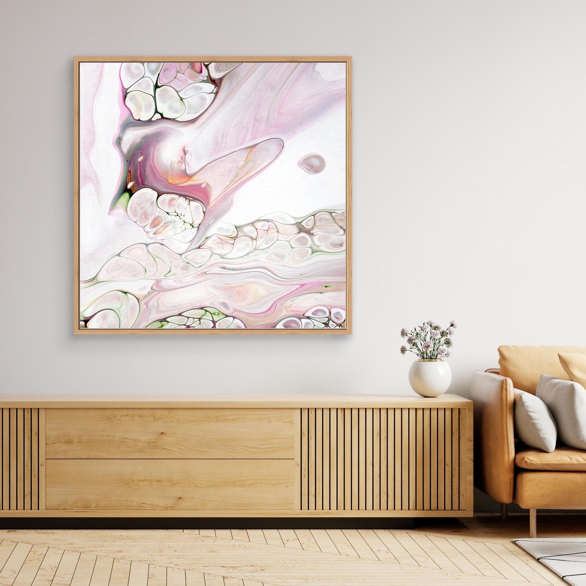 NL Modern Art Canvas Print Soft Tenderness 3 in oak frame on wall over wooden cabinet and white vase with flowers