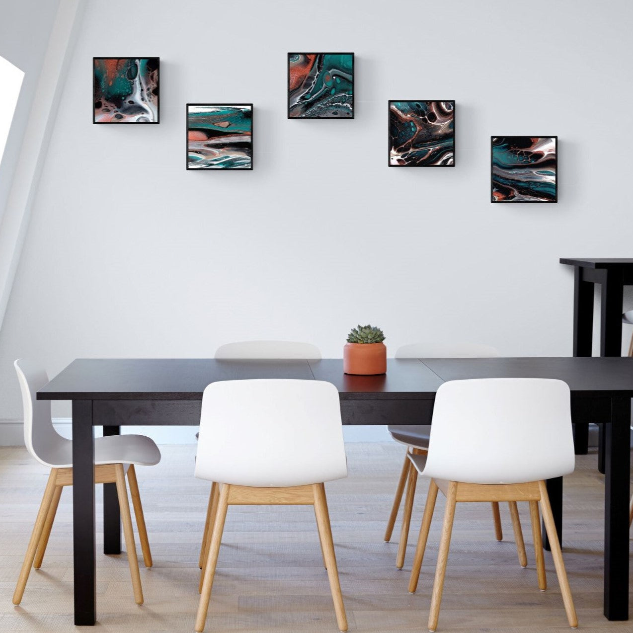 5 Healing Teal canvas prints in black frame in business lunch room