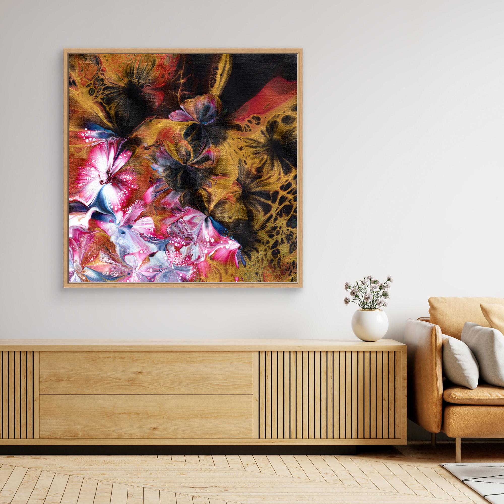 NL Modern Art Wall Art Canvas Print Abstract Floral 5 in oak frame over wooden cabinet with round vase and flowers