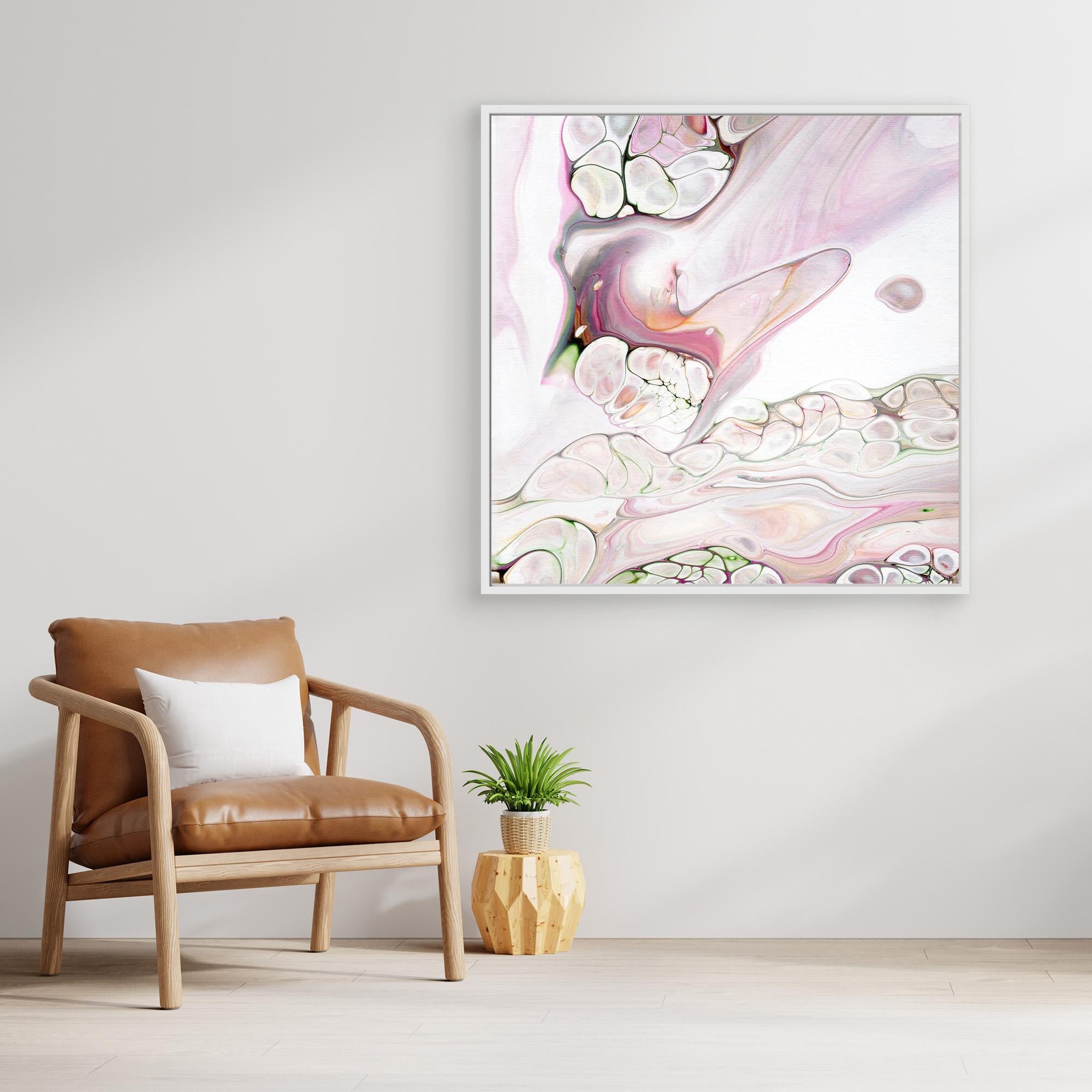 NL Modern Art Canvas Print Soft Tenderness 3 in white frame on wall next to comfy chair and small plant