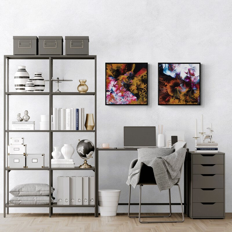 Canvas prints-abstract-floral-diptych-in-home-office-with-desk-and-shelving