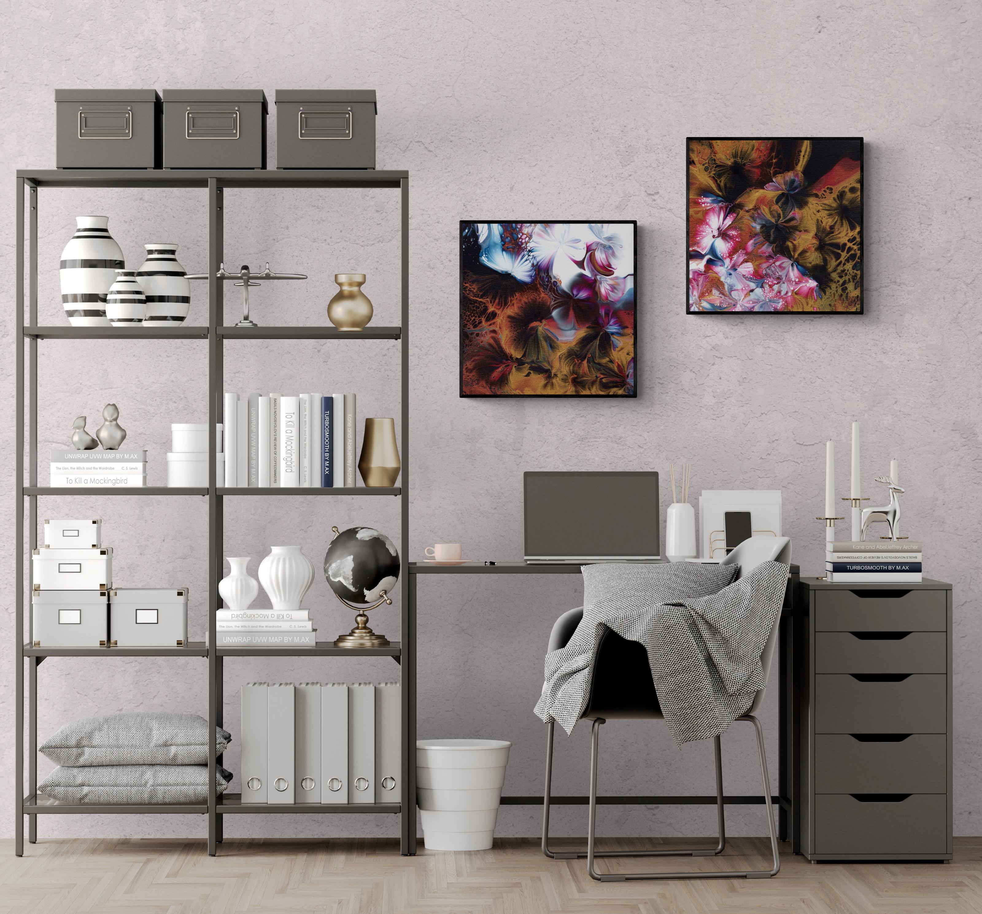 Canvas-prints-abstract-floral-in-home-office-with-desk-and-shelving