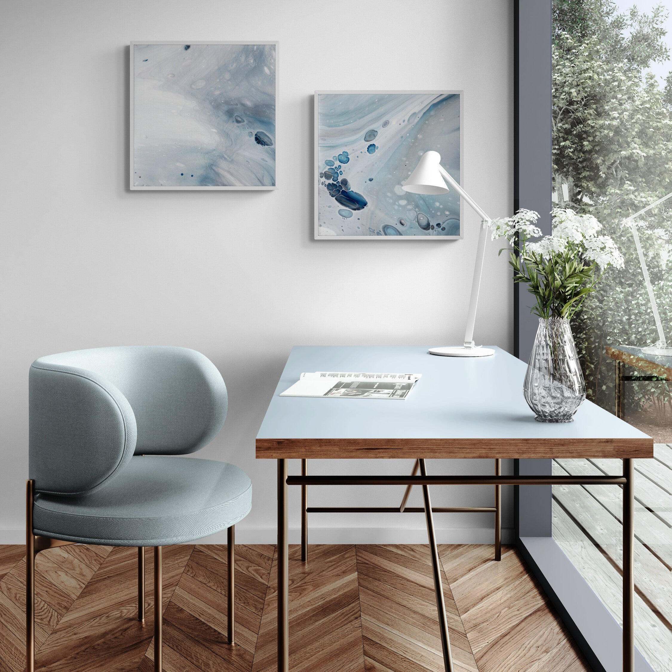 NL modern art-canvas print gentle-pastel-5 and 6 in white frame in-home-office-with-window-view