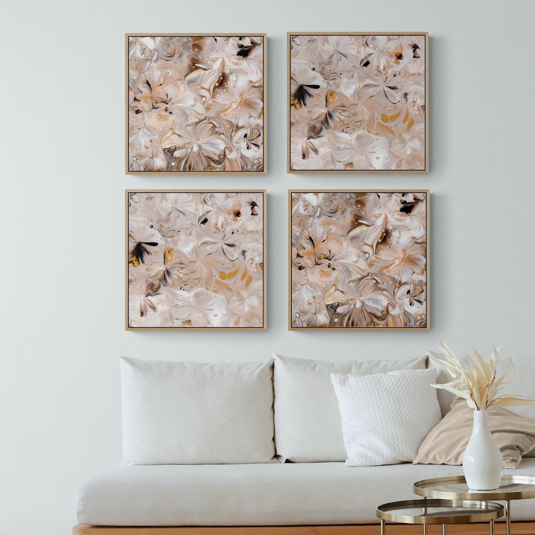 NL modern art-art-prints-soothing-neutrals-3-and-4-quadriptych-in-small-living-room-space-with-natural-tones-oak-frame