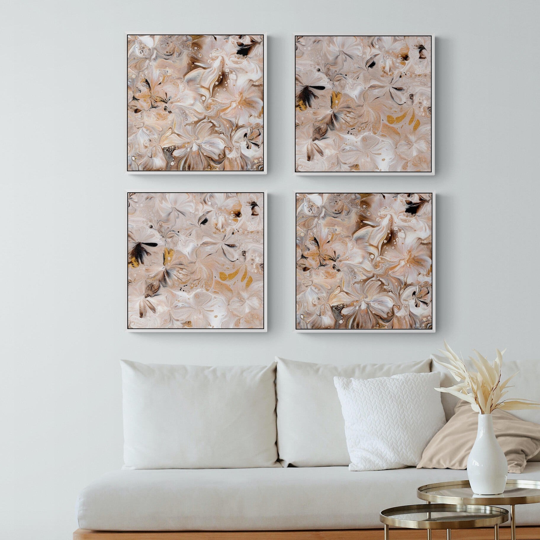 NL modern art-art-prints-soothing-neutrals-3-and-4-quadriptych-in-small-living-room-space-with-natural-tones-white-frame