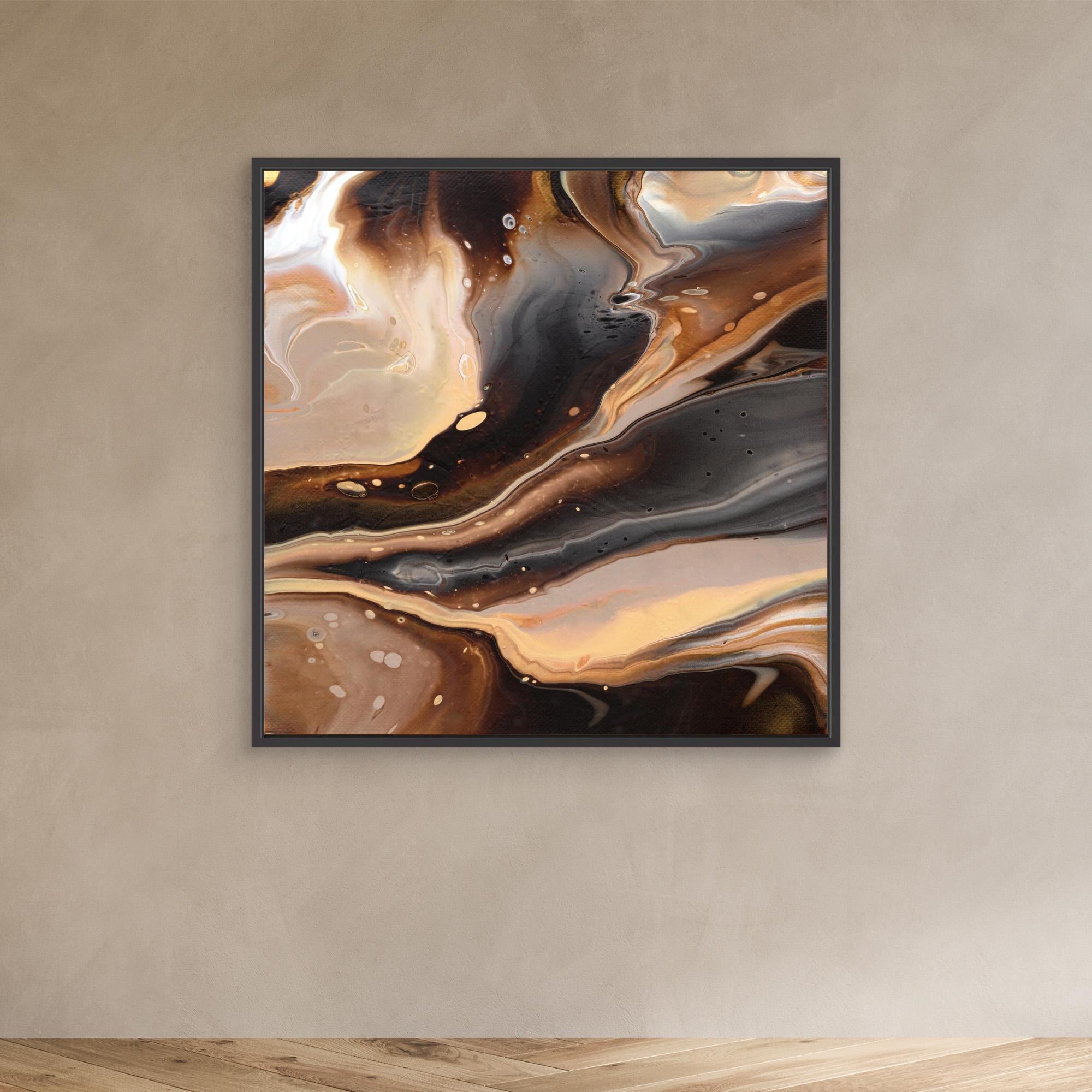 NL Modern Art Canvas Print Comforting Chocolate Caramel 2 in black frame on wall