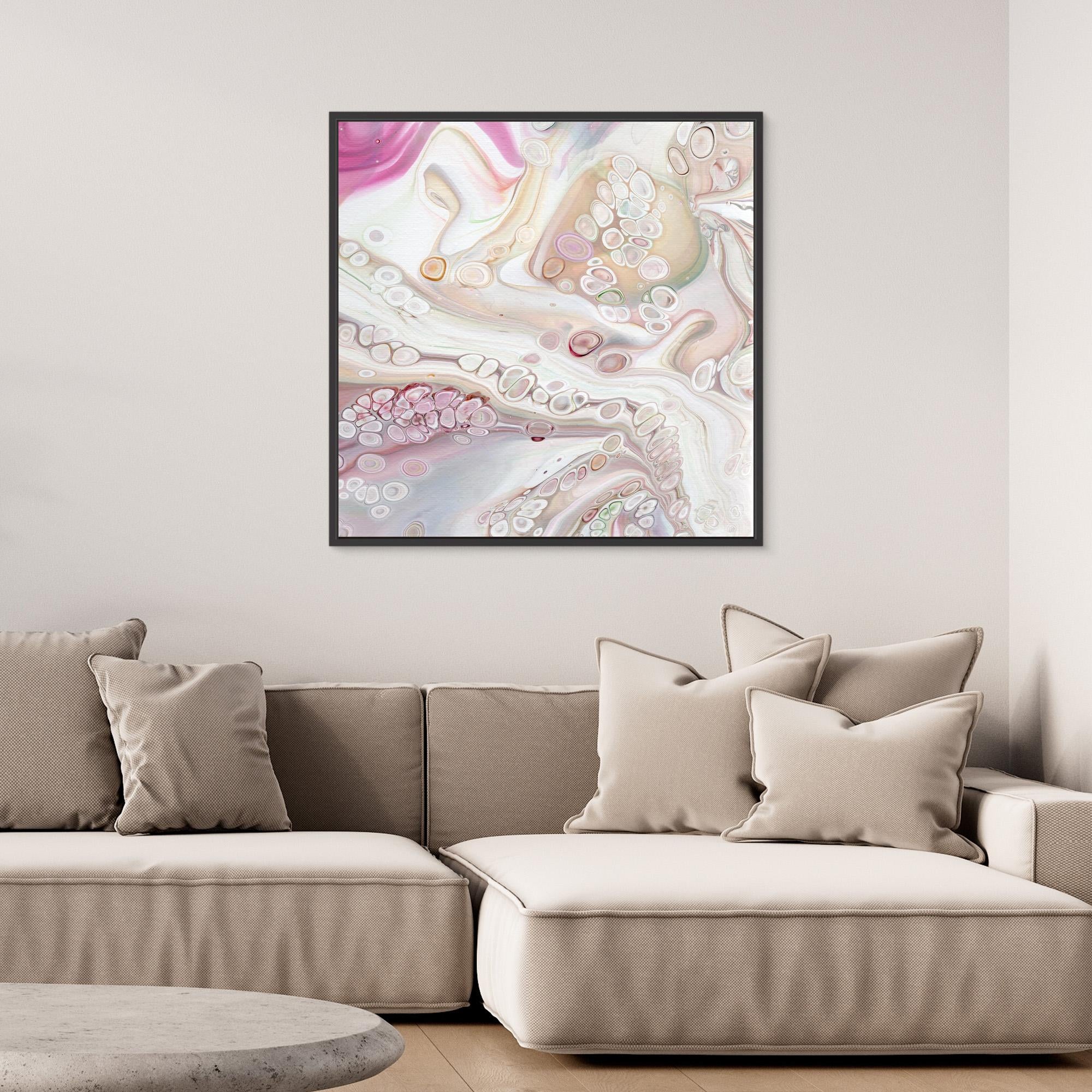 NL Modern Art Canvas Print Soft Tenderness 1 in black frame on wall over comfy sofa