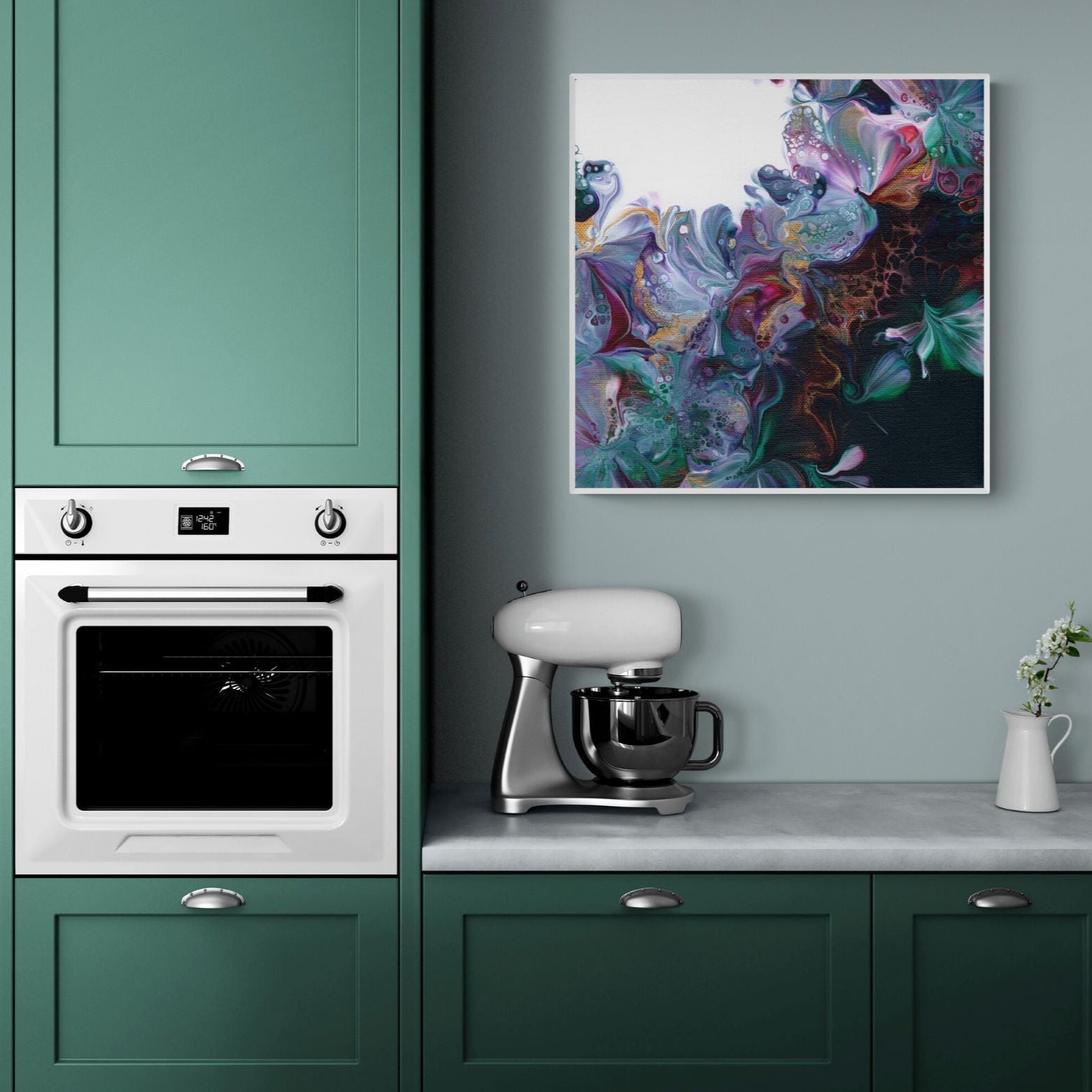 Canvas-print-abstract-floral 1 in white frame over kitchen-cabinet-and-appliances