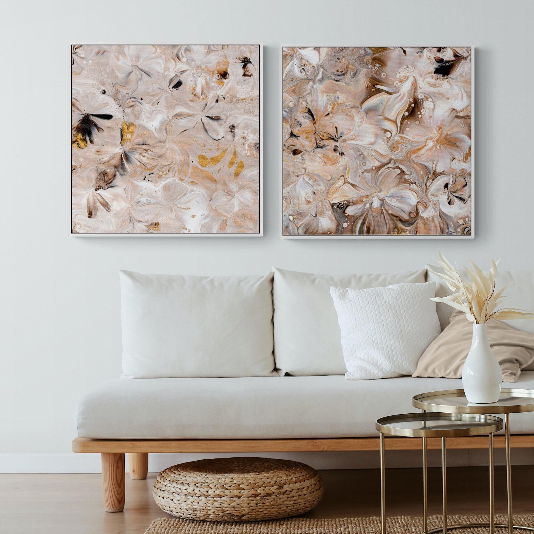 NL modern art-art-prints-soothing-neutrals-3-and-4-in-small-living-room-space-with-natural-tones-white-frame