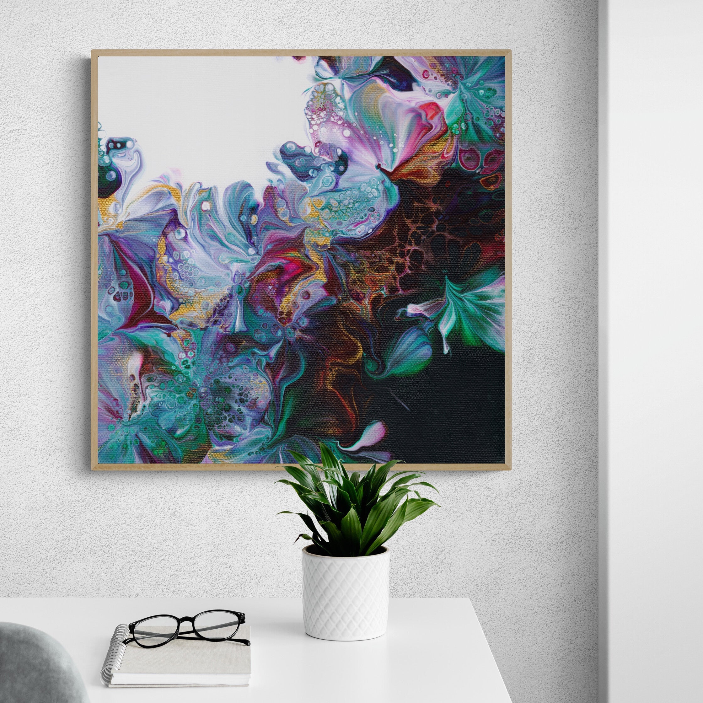 NL modern art-wall-art-canvas-print-abstract-floral-1-in-oak-frame-in-bright-minimal-home-office