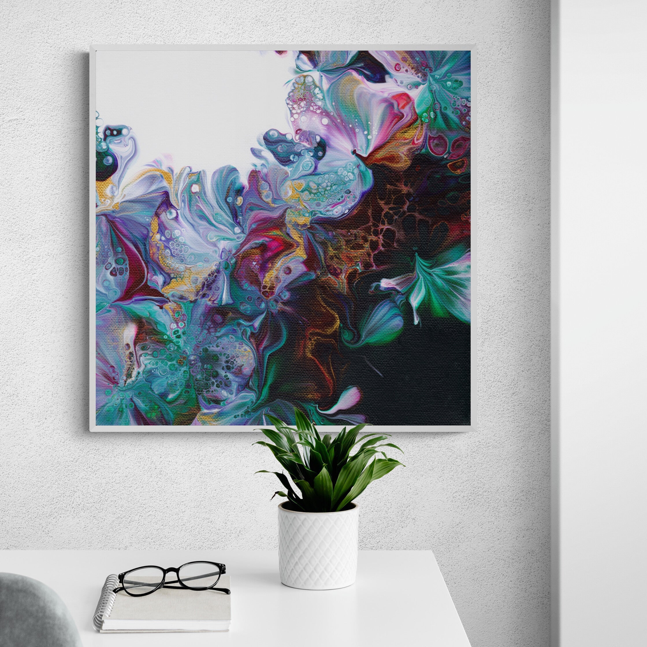 NL modern art-wall-art canvas print abstract-floral-1 in white frame in bright-minimal-home-office