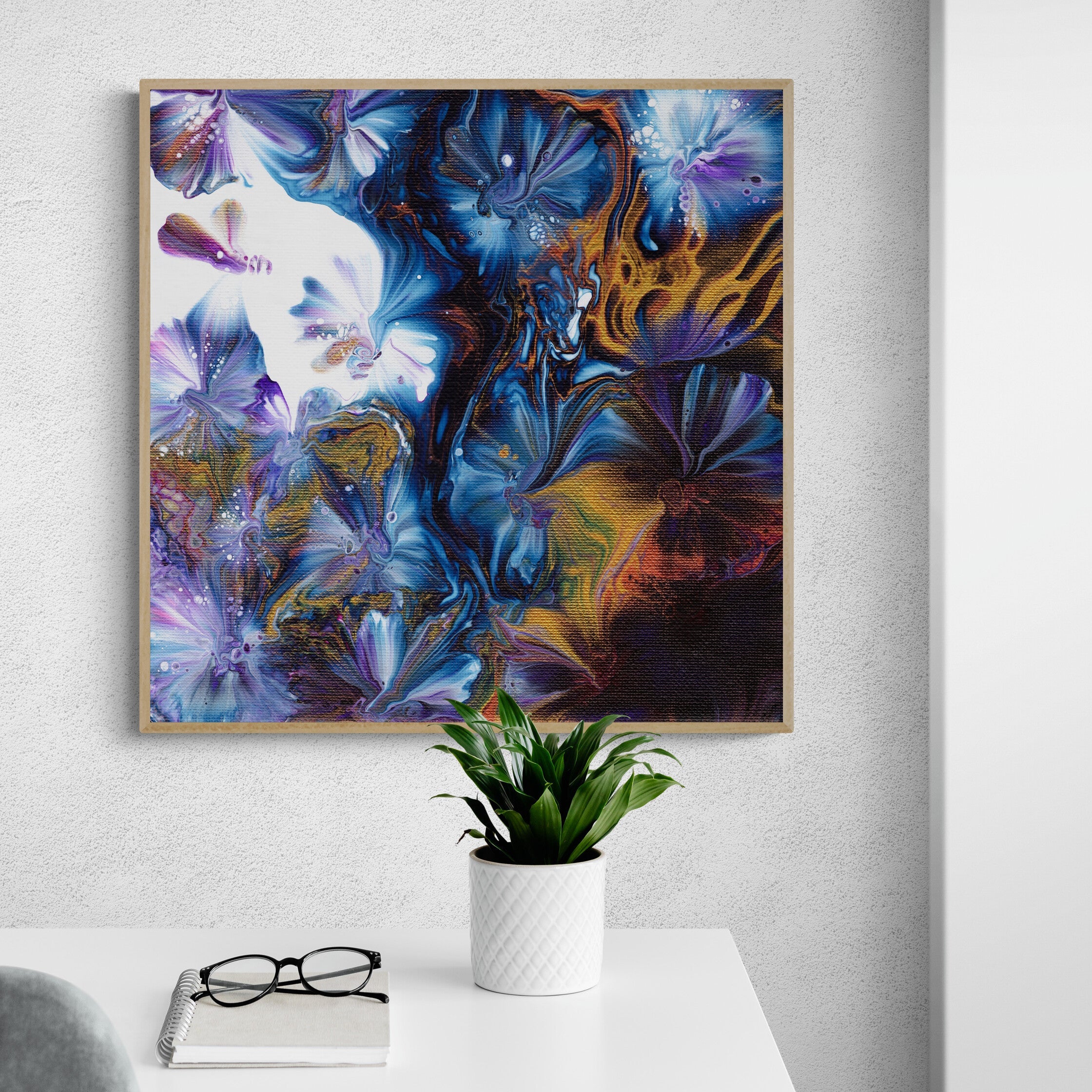 NL modern art-wall-art-canvas print abstract-floral-2-in oak frame in-bright-minimal-home-office