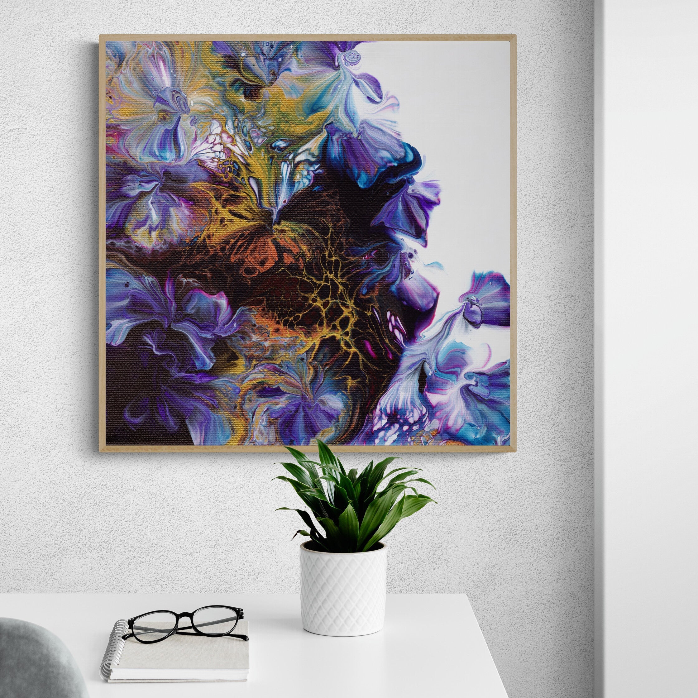 NL modern art-wall-art canvas print abstract-floral-4-in oak frame in bright-minimal-home-office