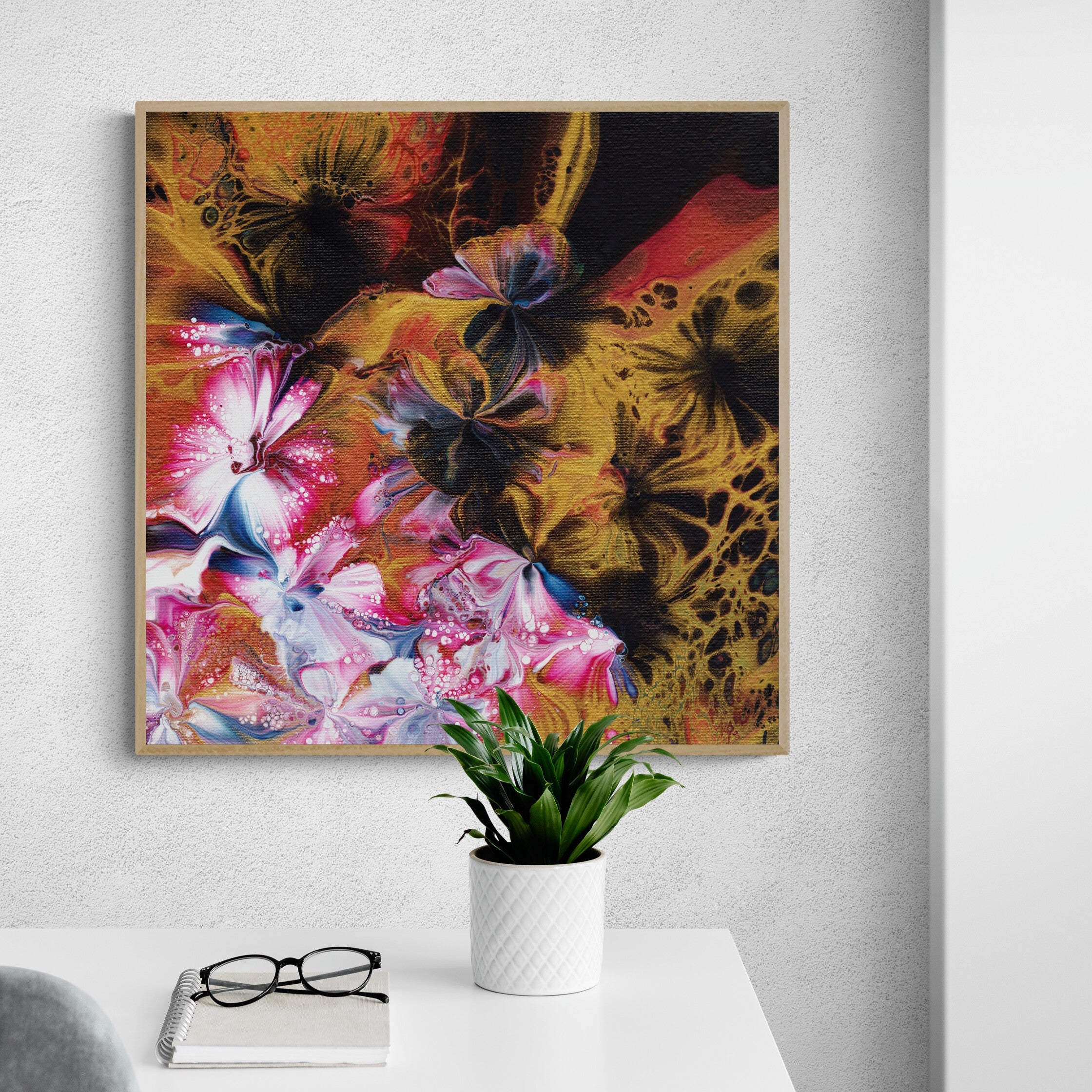 NL Modern Art Wall Art Canvas Print abstract-floral-5-in oak frame in bright-minimal-home-office