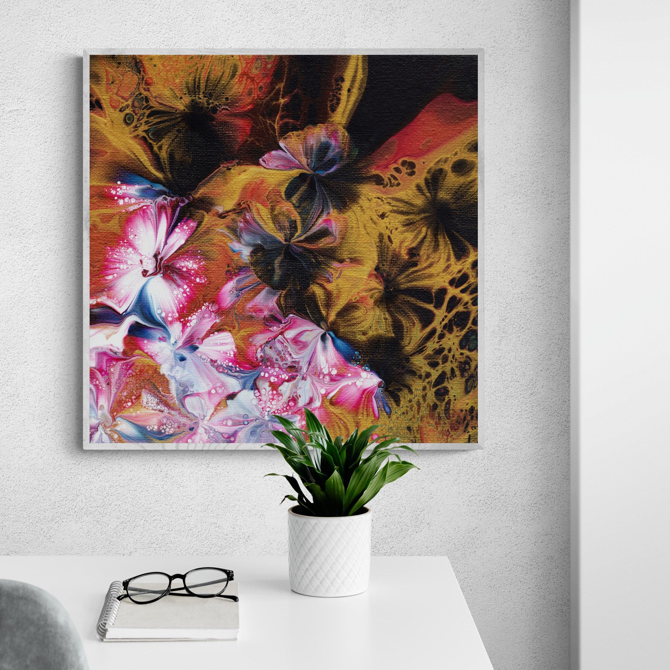 NL modern art-wall-art-canvas print-abstract-floral-5-in white frame in
bright-minimal-home-office
