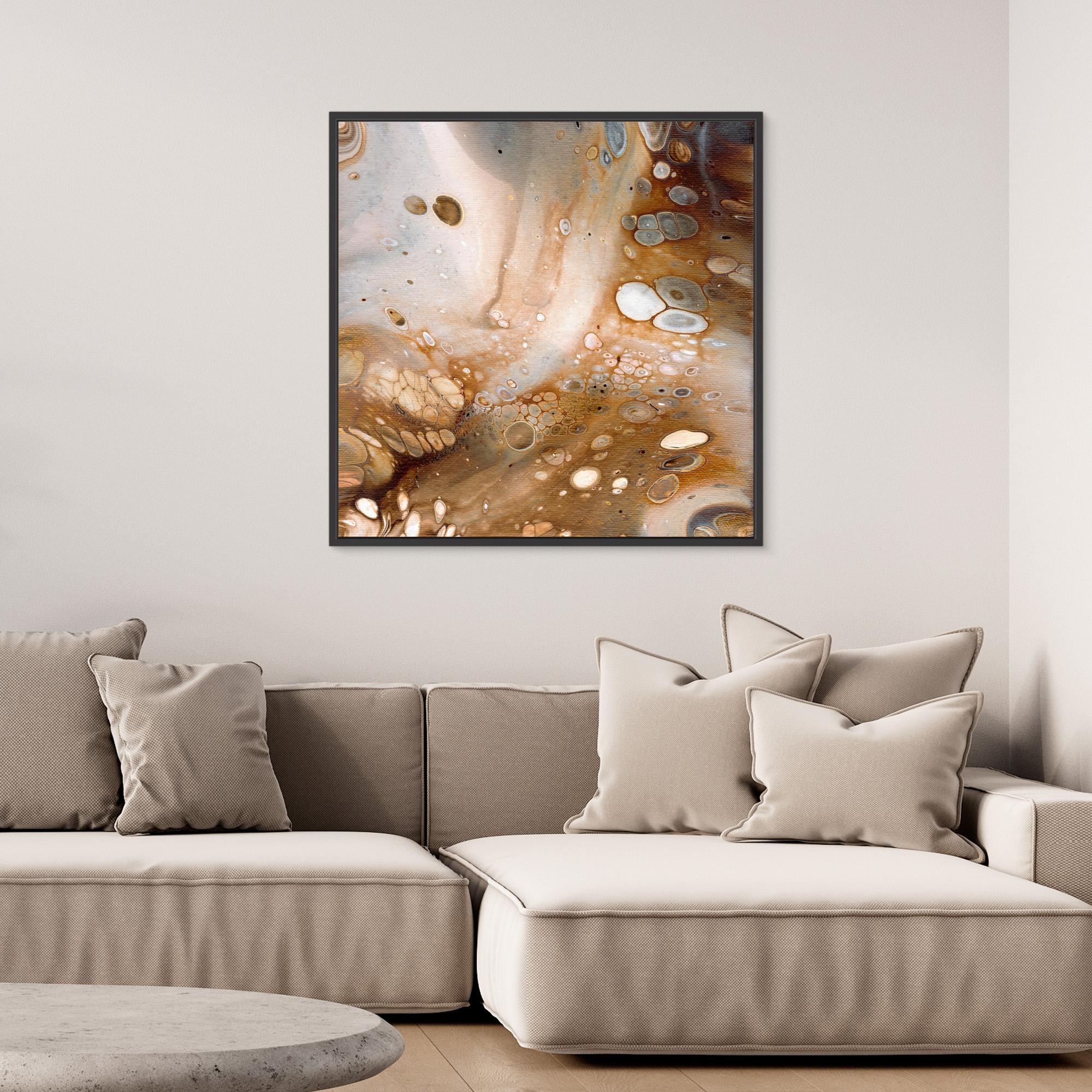 NL Modern Art Art Prints Soothing Neutrals 5 in black frame on wall over comfy sofa