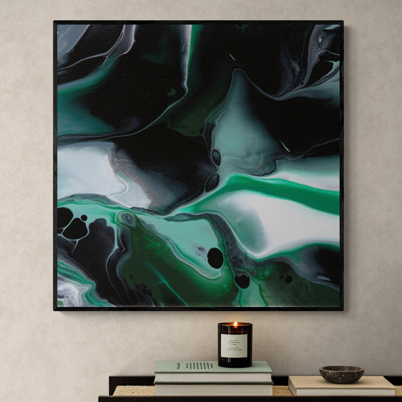 NL modern art-art-print-manchester-uplifting-malachite-2-in-minimal-room-with-a-modern-console-table-black-frame