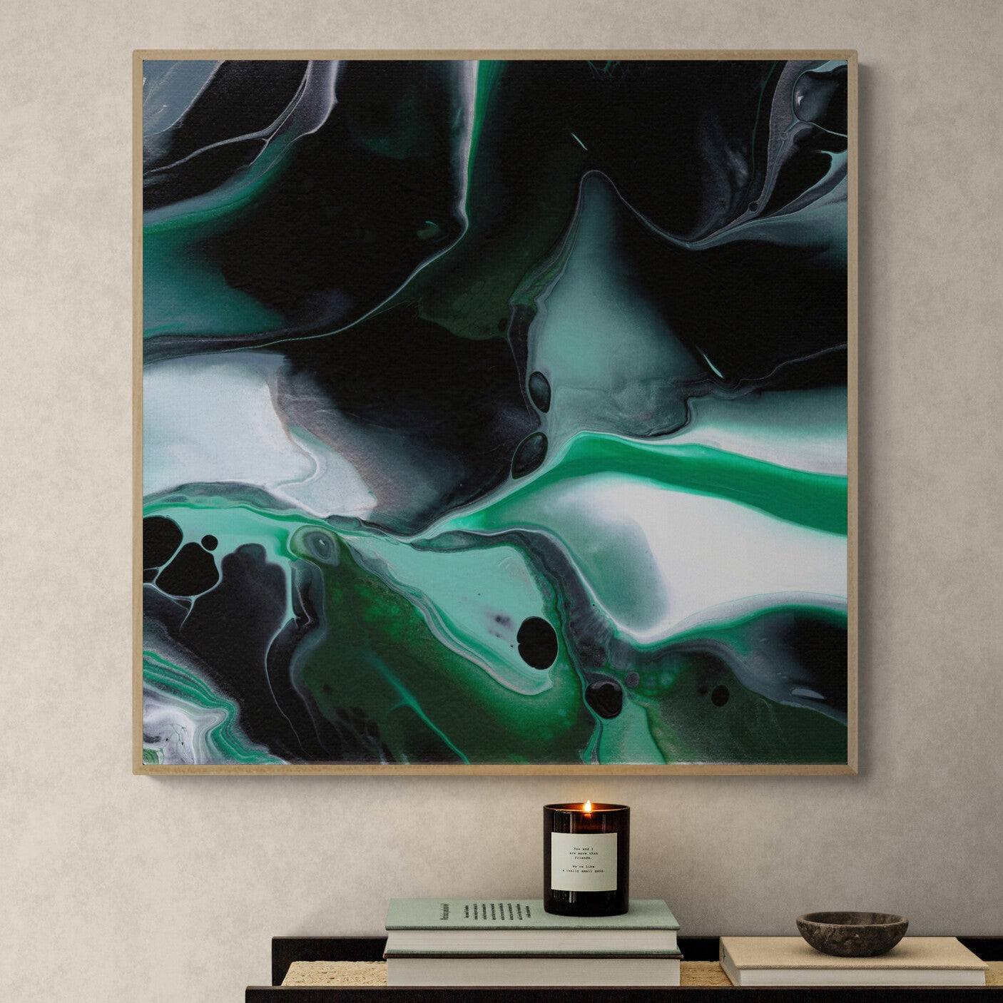 NL modernart-art-print-manchester-uplifting-malachite-2-in-minimal-room-with-a-modern-console-table-oak-frame