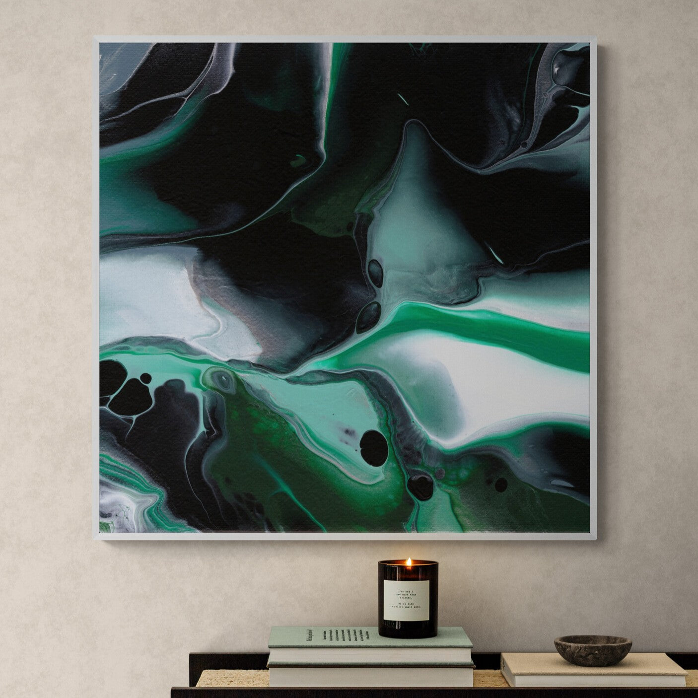 NL modern art-art-print-manchester-uplifting-malachite-2-in-minimal-room-with-a-modern-console-table-white-frame