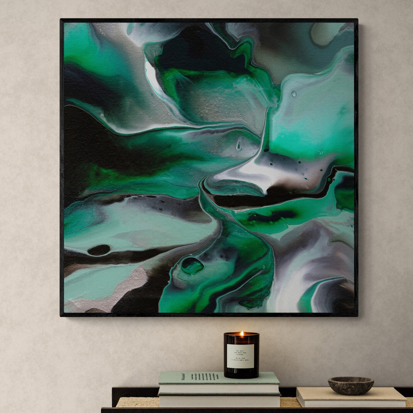 NL modern art-art-print-manchester-uplifting-malachite-3-in-minimal-room-with-a-modern-console-table-black-frame