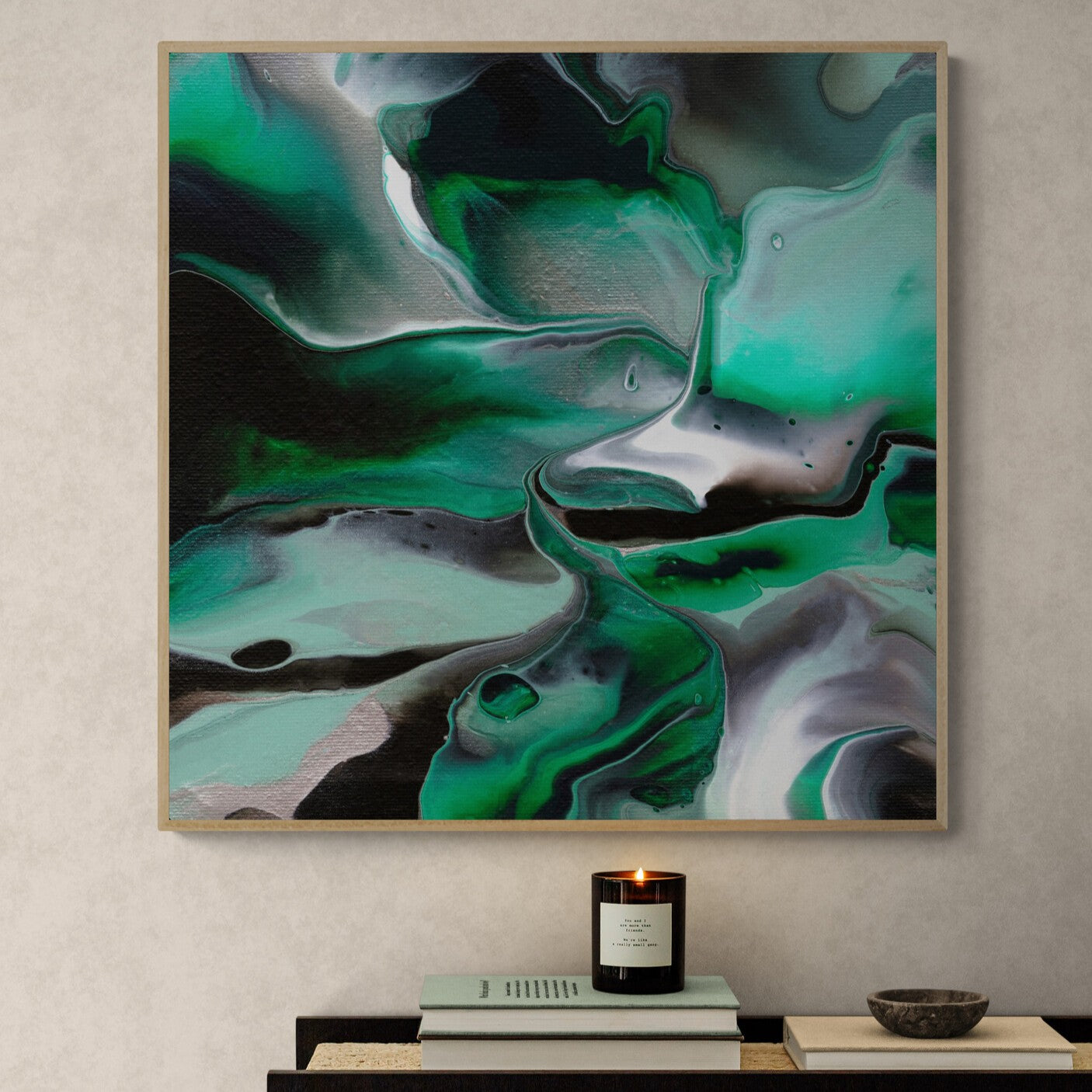 NL modern art-art-print-manchester-uplifting-malachite-3-in-minimal-room-with-a-modern-console-table-oak-frame