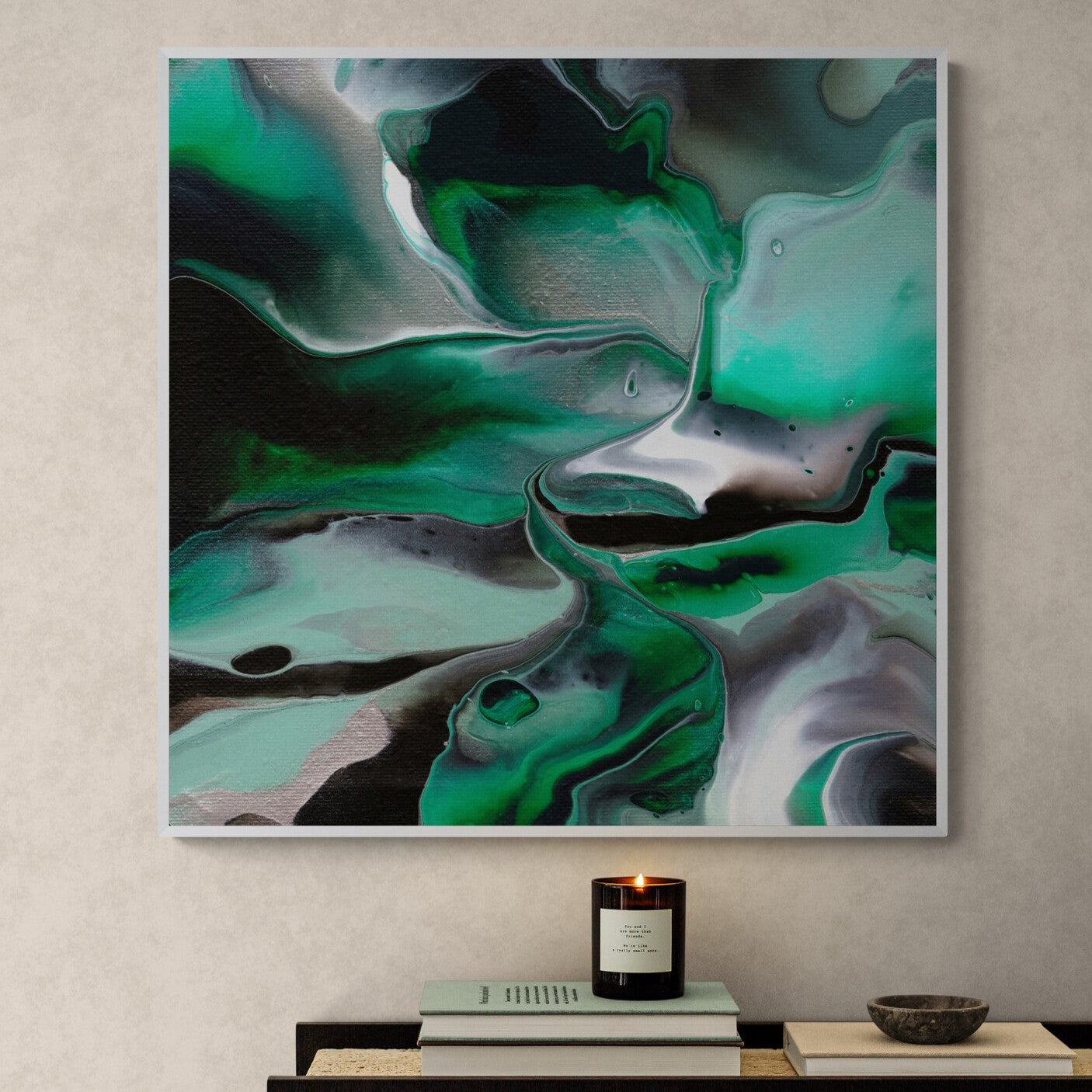 NL modern art-art-print-manchester-uplifting-malachite-3-in-minimal-room-with-a-modern-console-table-white-frame
