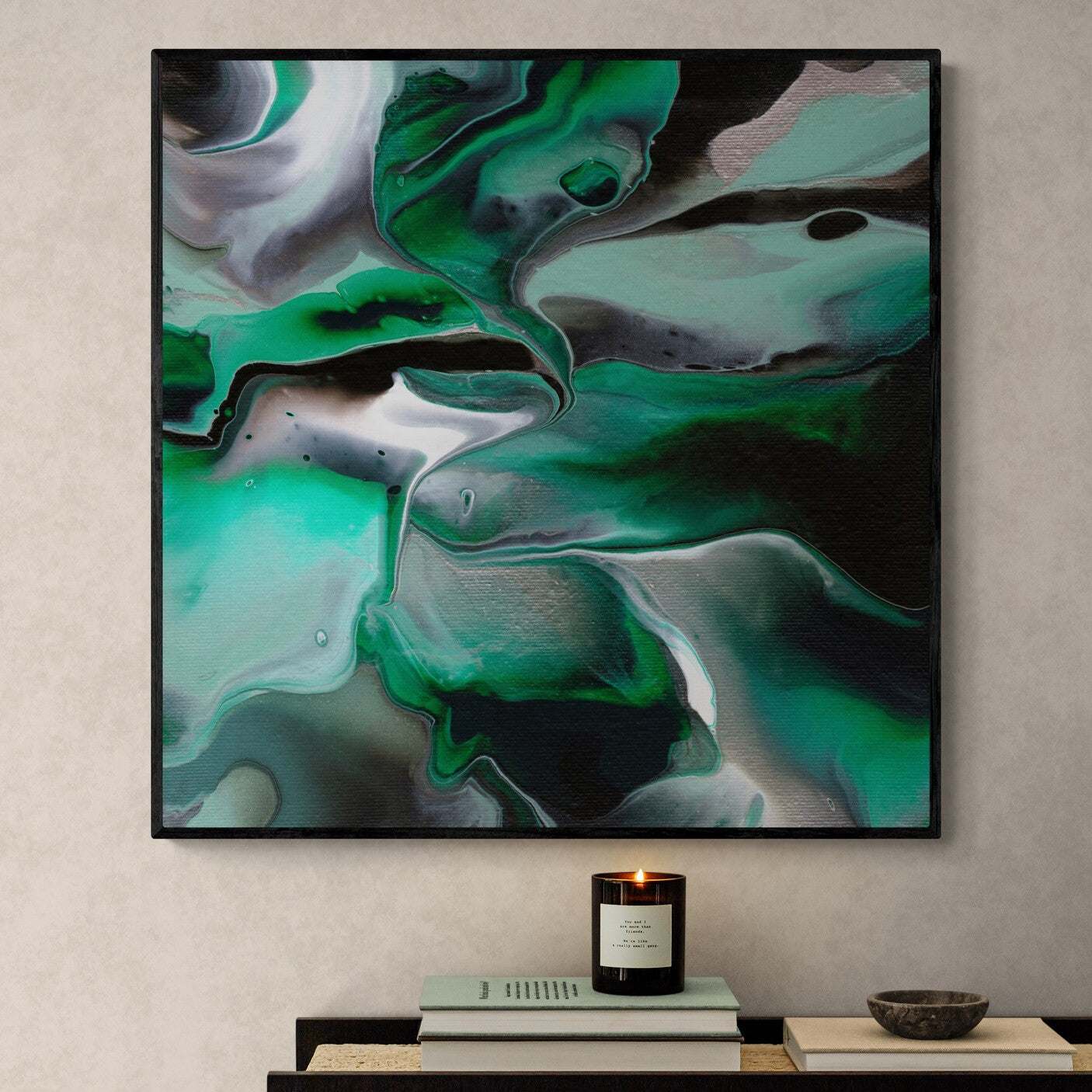 NL modern art-art-print-manchester-uplifting-malachite-4-in-minimal-room-with-a-modern-console-table-black-frame