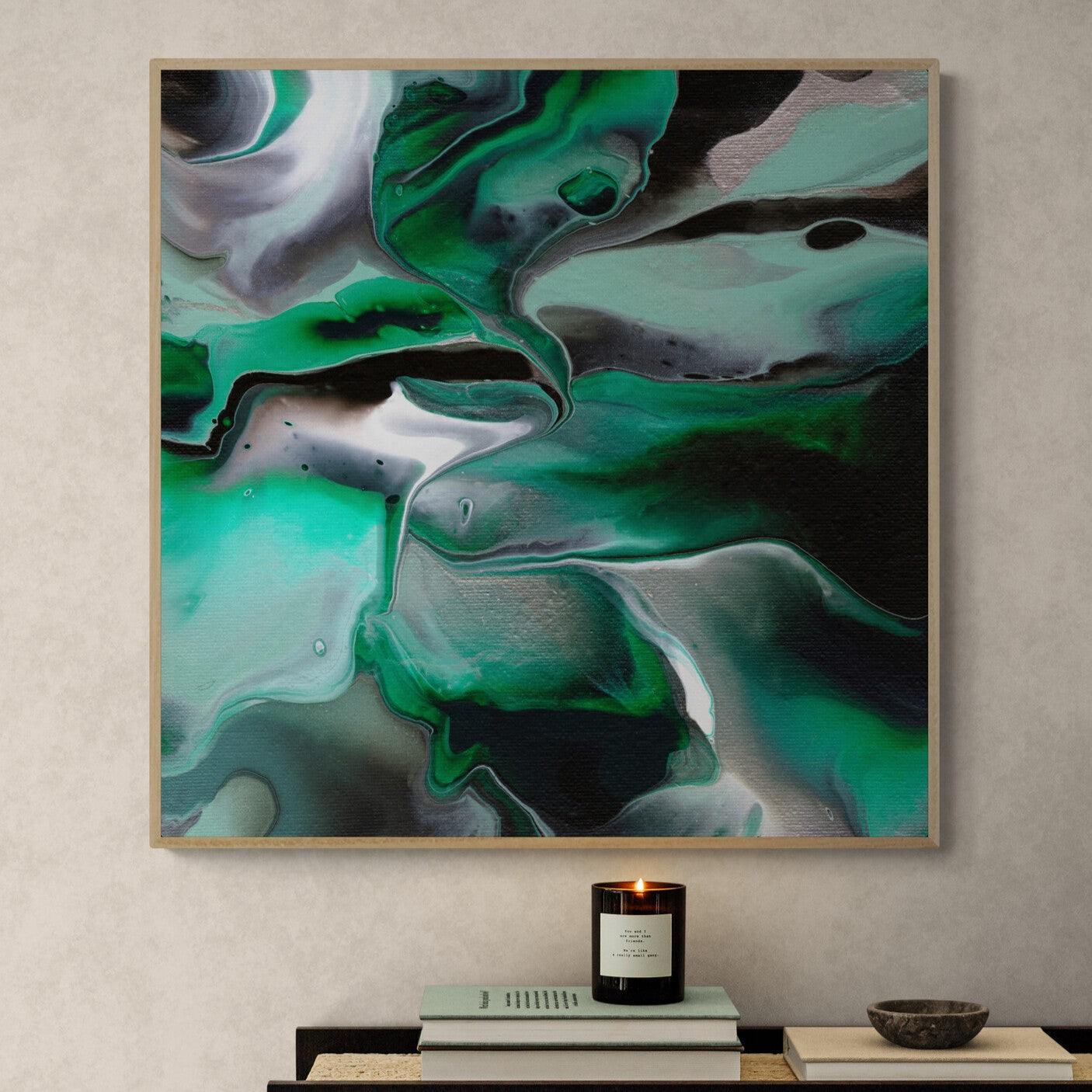 NL modern art-art-print-manchester-uplifting-malachite-4-in-minimal-room-with-a-modern-console-table-oak-frame
