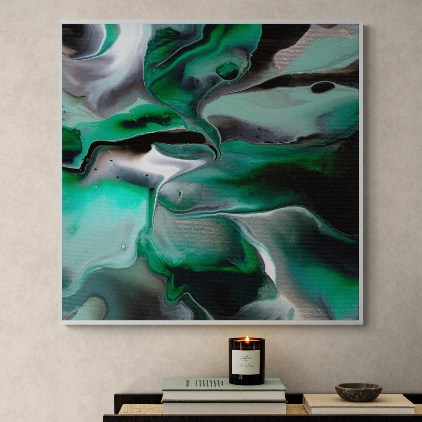NL modern art-art-print-manchester-uplifting-malachite-4-in-minimal-room-with-a-modern-console-table-white-frame