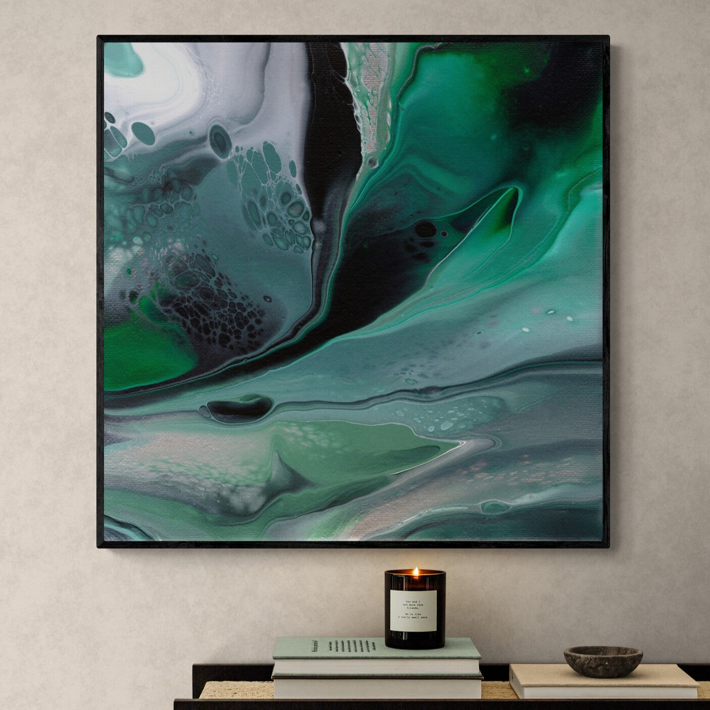 NL modern art-art-print-manchester-uplifting-malachite-5-in-minimal-room-with-a-modern-console-table-black-frame