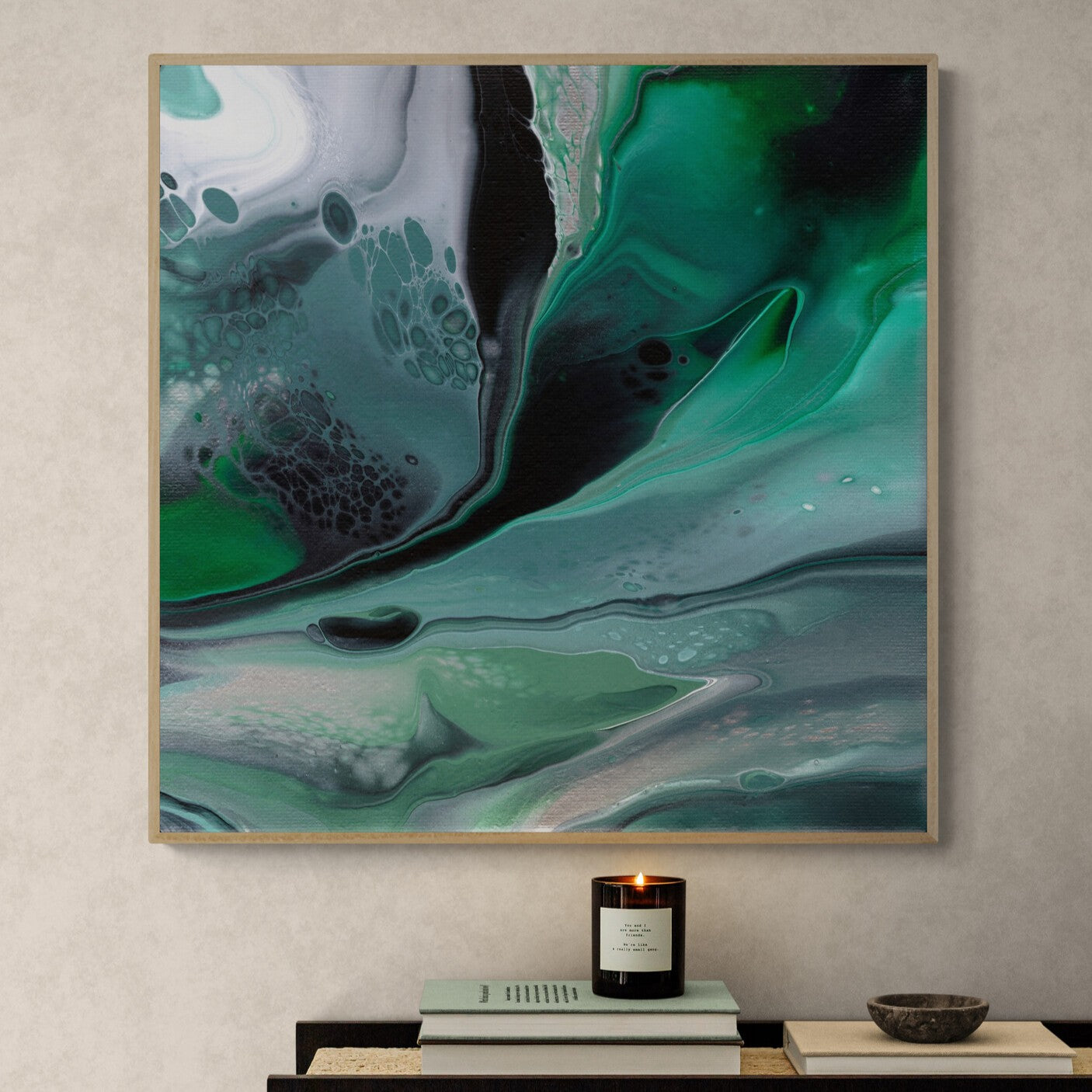 NL modern art-art-print-manchester-uplifting-malachite-5-in-minimal-room-with-a-modern-console-table-oak-frame