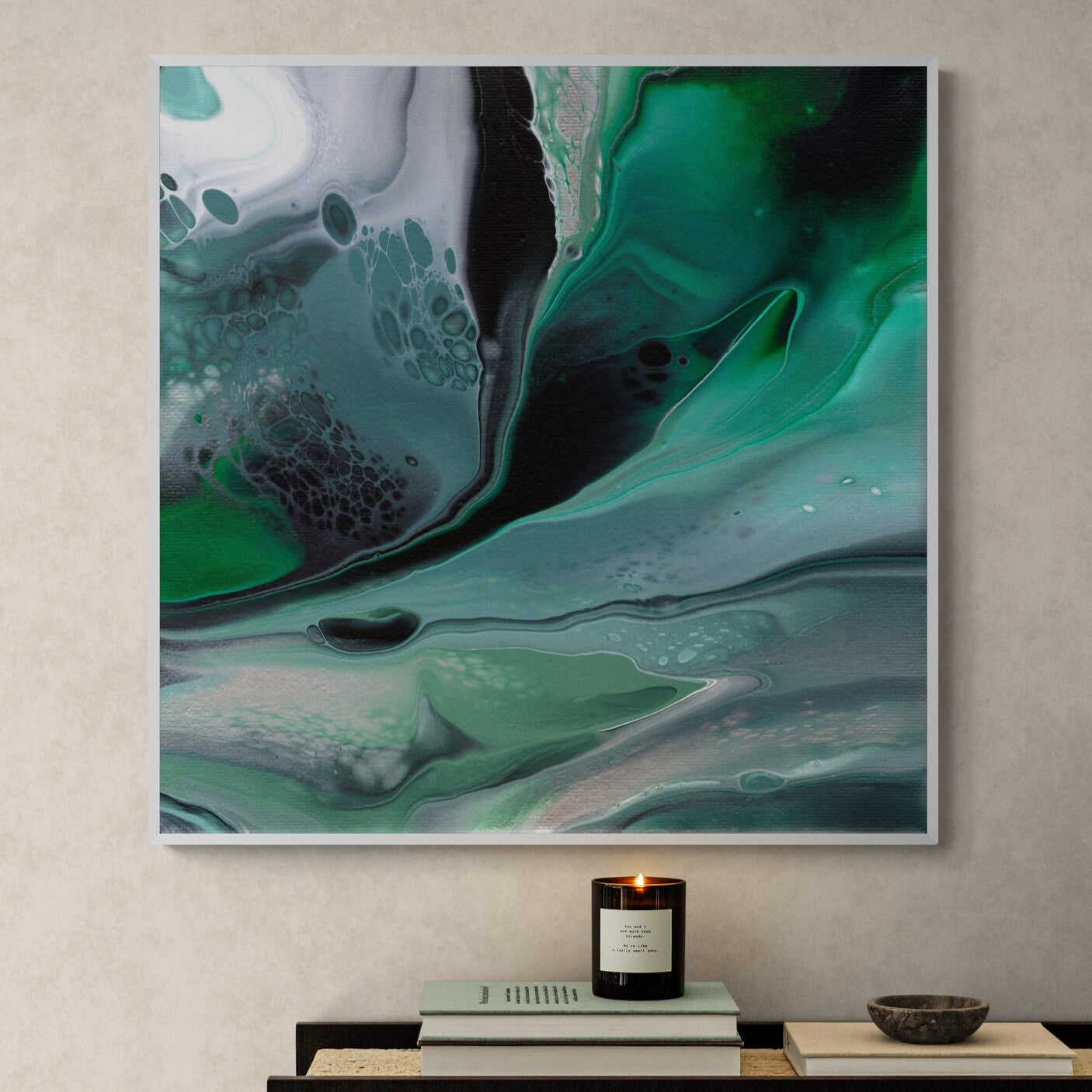 NL modern art-art-print-manchester-uplifting-malachite-5-in-minimal-room-with-a-modern-console-table-white-frame