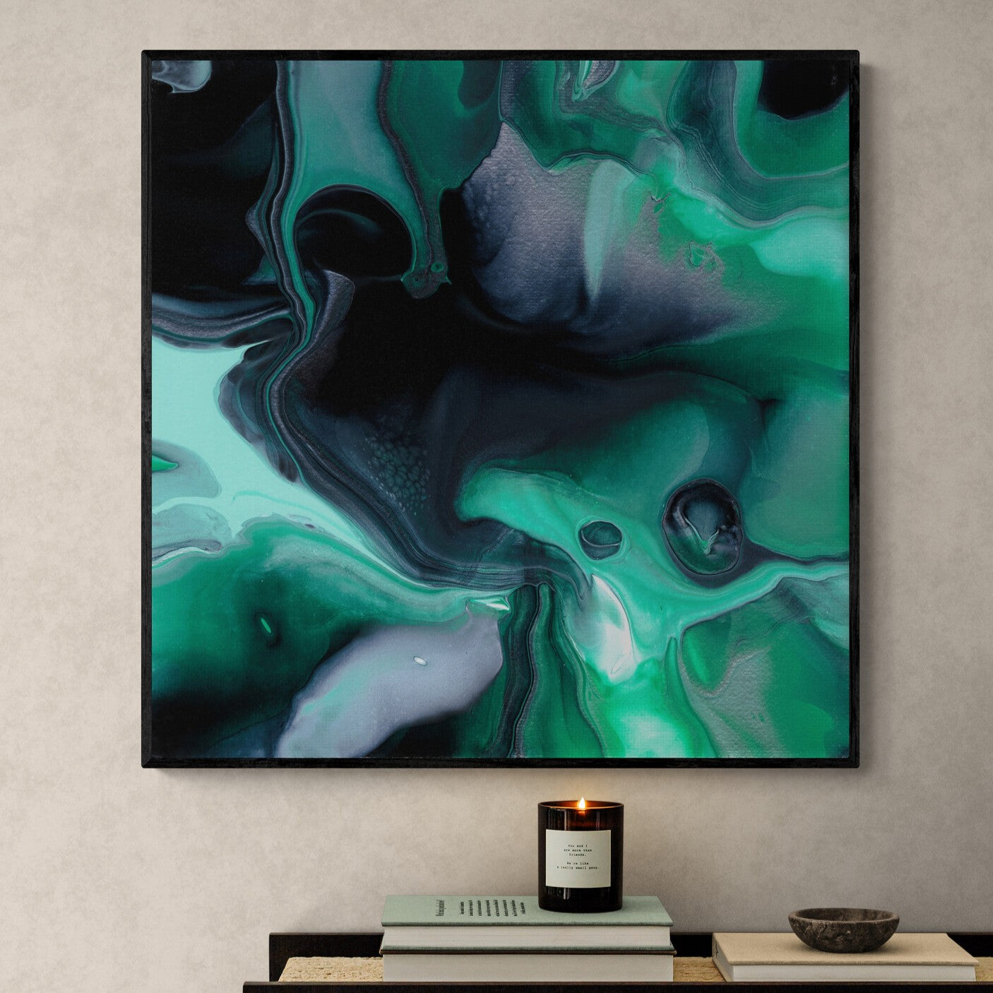 NL modern art-art-print-manchester-uplifting-malachite-6-in-minimal-room-with-a-modern-console-table-black-frame