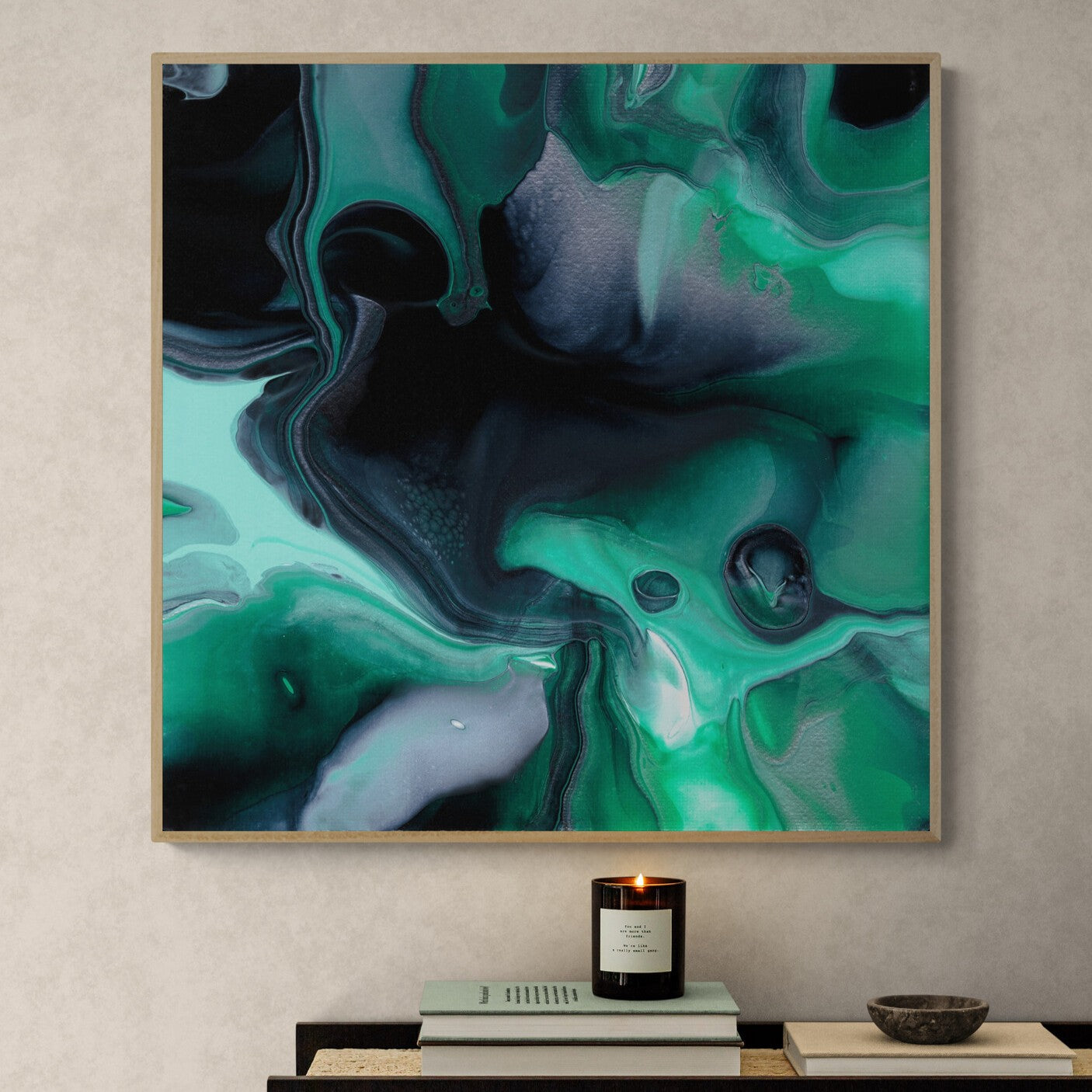NL modern art-art-print-manchester-uplifting-malachite-6-in-minimal-room-with-a-modern-console-table-oak-frame