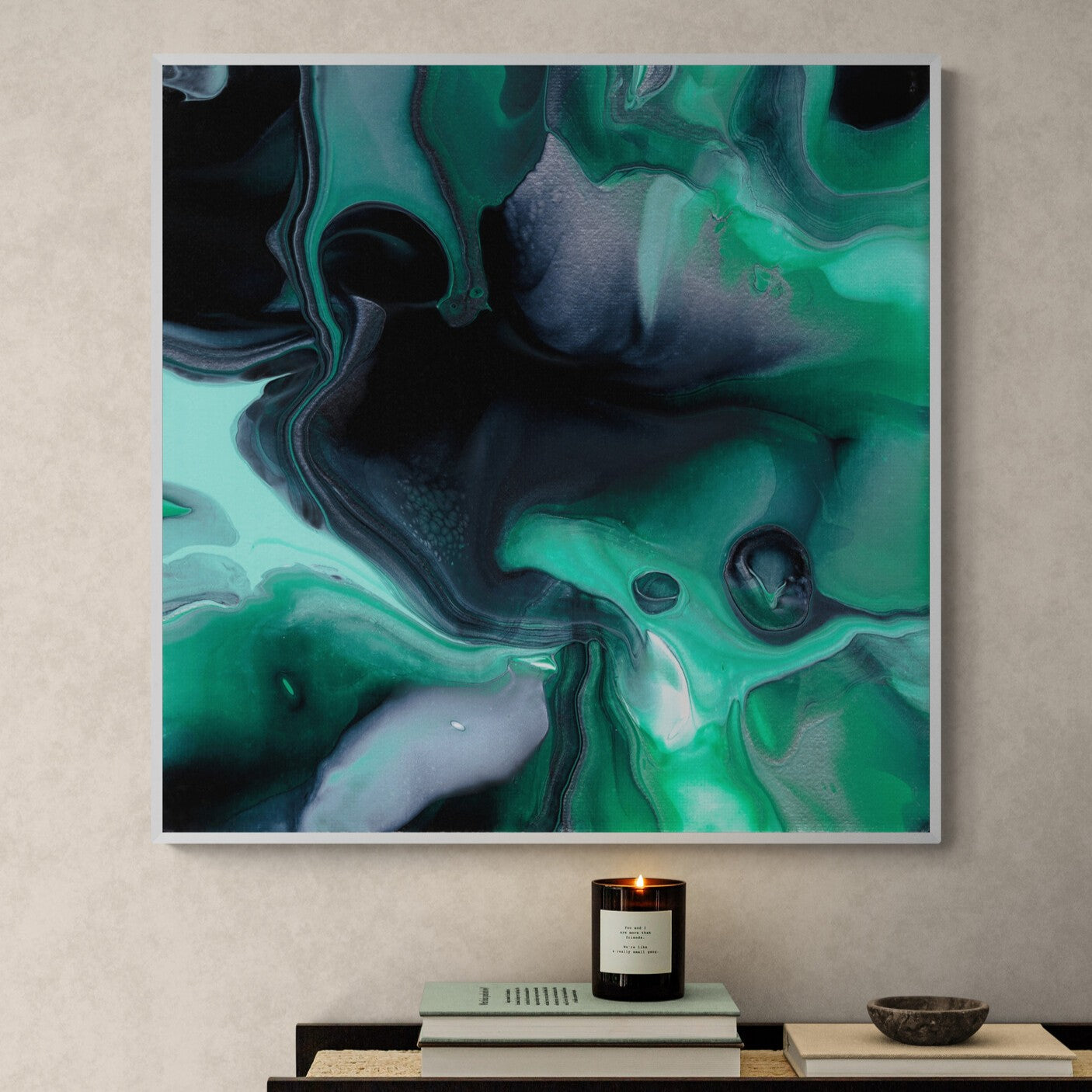 NL modern art-art-print-manchester-uplifting-malachite-6-in-minimal-room-with-a-modern-console-table-white-frame