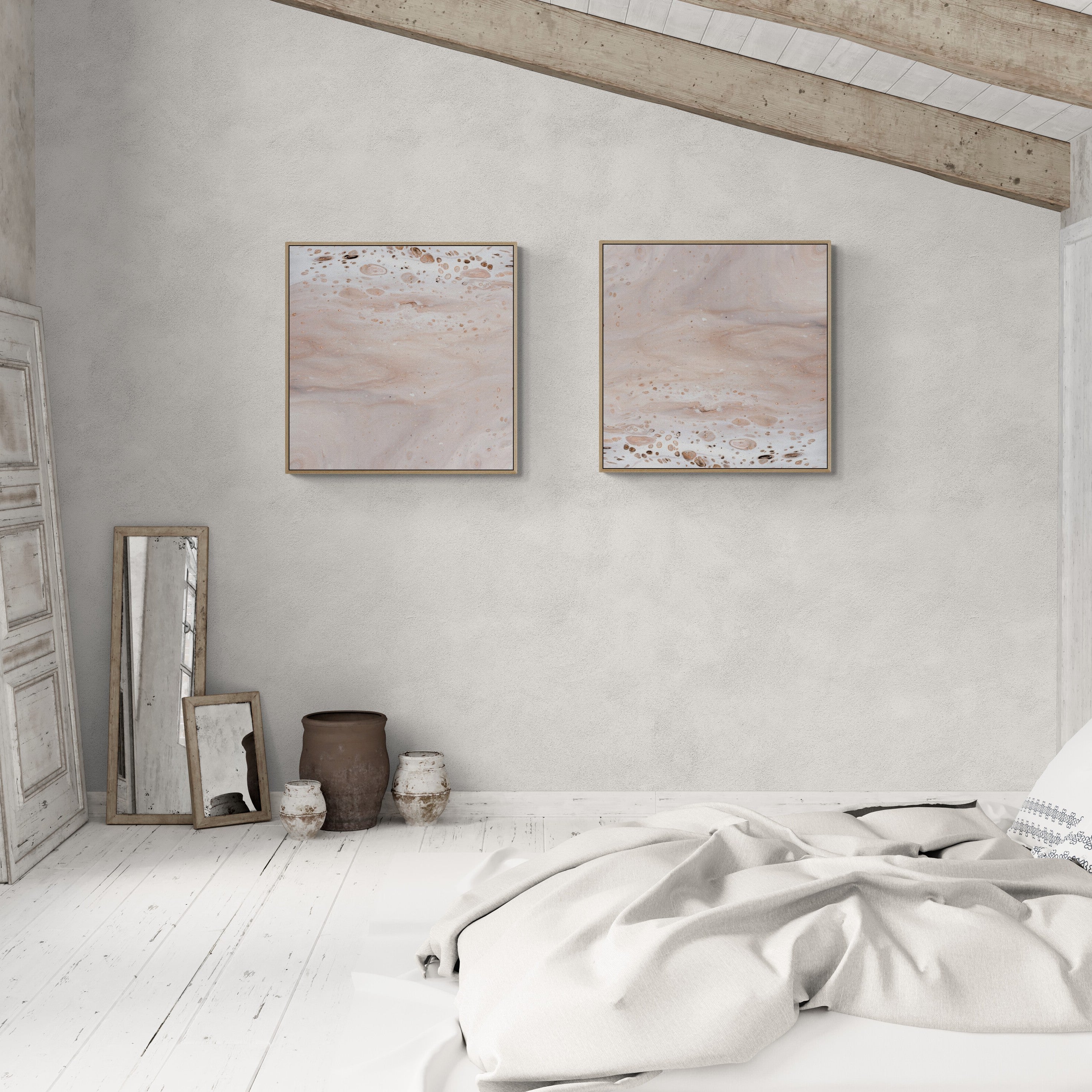 NL modern art-art-prints-soothing-neutrals-1-and-2-in-large-industrial-loft-bedroom-oak-frame