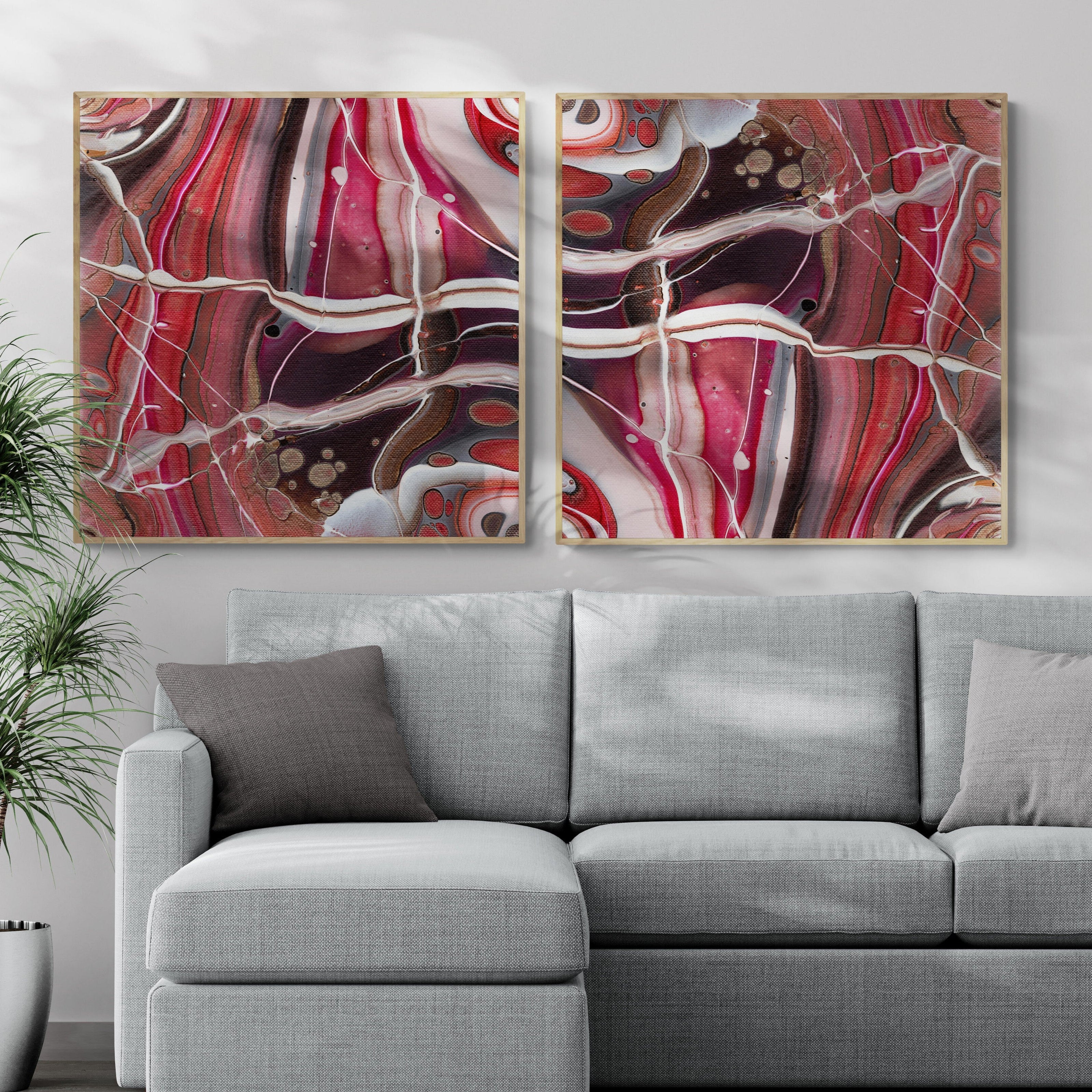 NL modern art-canvas-print-ardent-love-3-and-4-on-wall-in-living-room-with-sofa-and-tropical-plant-oak-frame