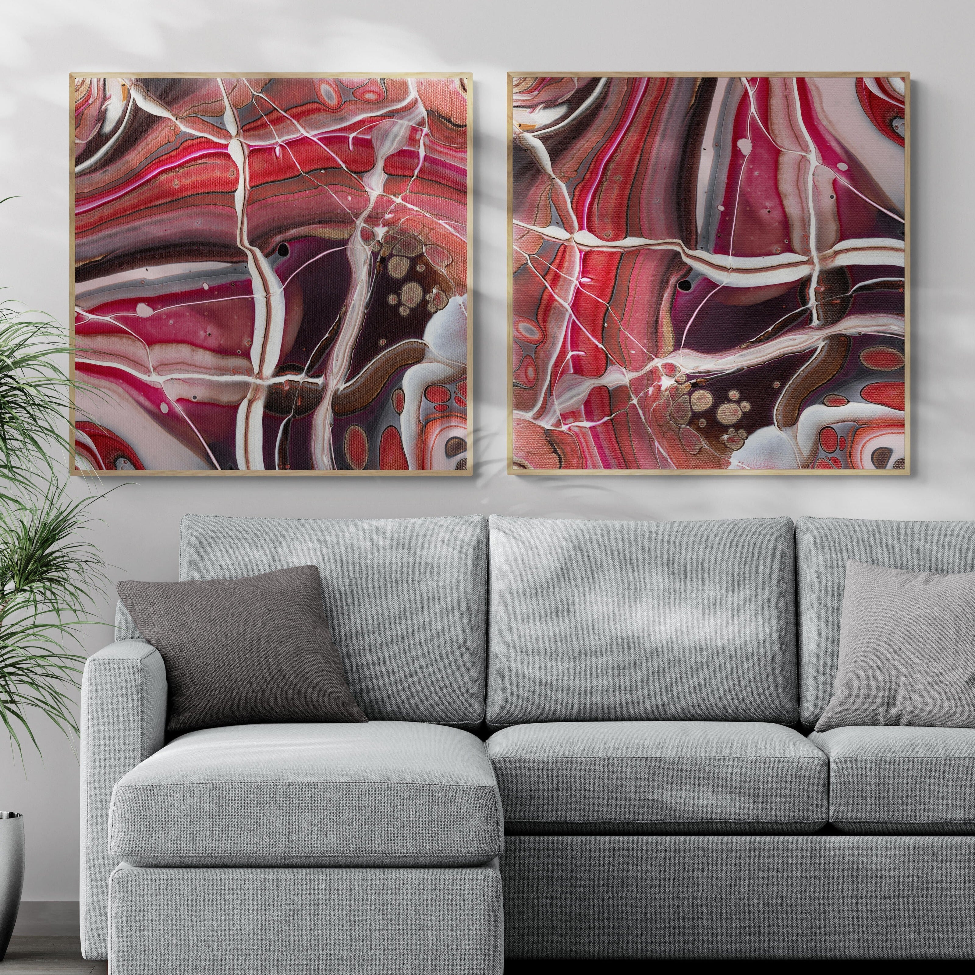 NL modern art-canvas-print-ardent-love-5-and-3-on-wall-in-living-room-with-sofa-and-tropical-plant-oak-frame