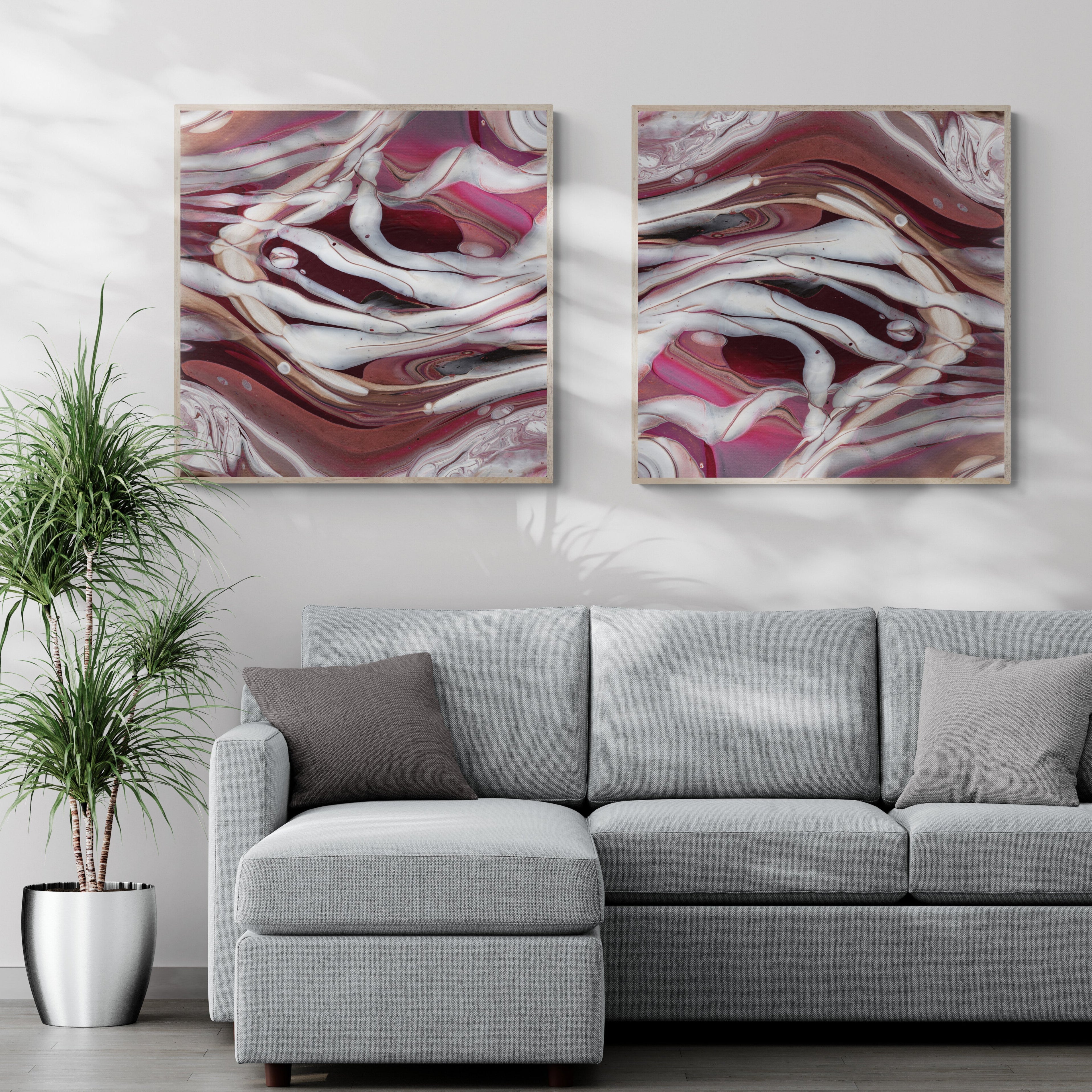 NL modern art-canvas-print-ardent-love-6-and-7-diptych in oak frame on wall in-living-room-with-sofa-and-tropical-plant