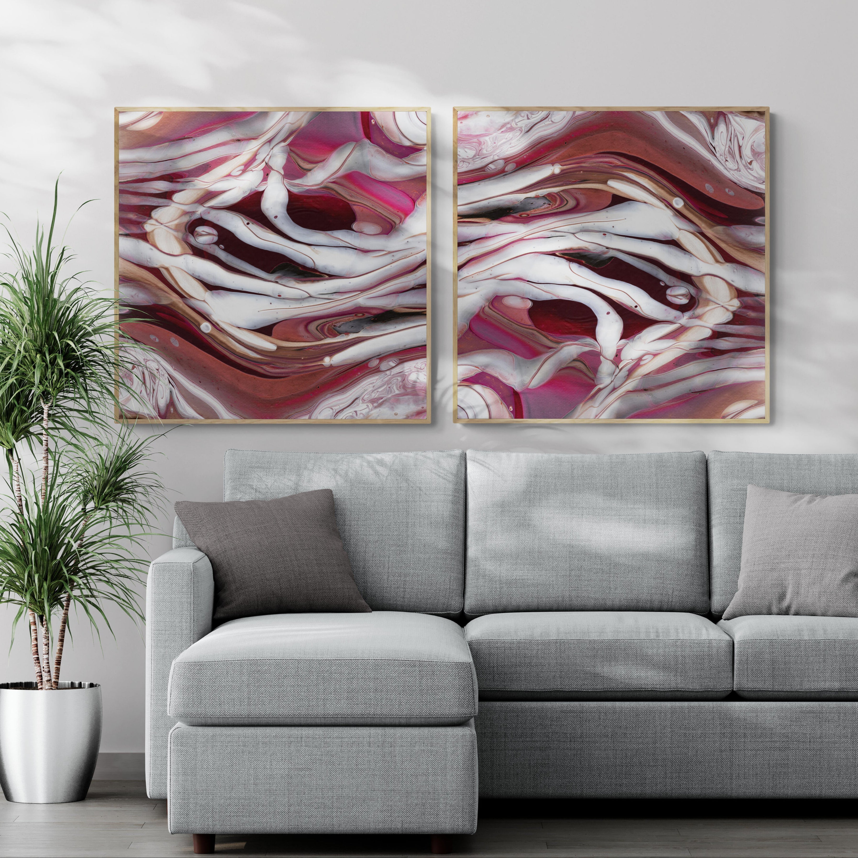NL modern art-canvas-print-ardent-love-6-and-7-on-wall-in-living-room-with-sofa-and-tropical-plant-oak-frame