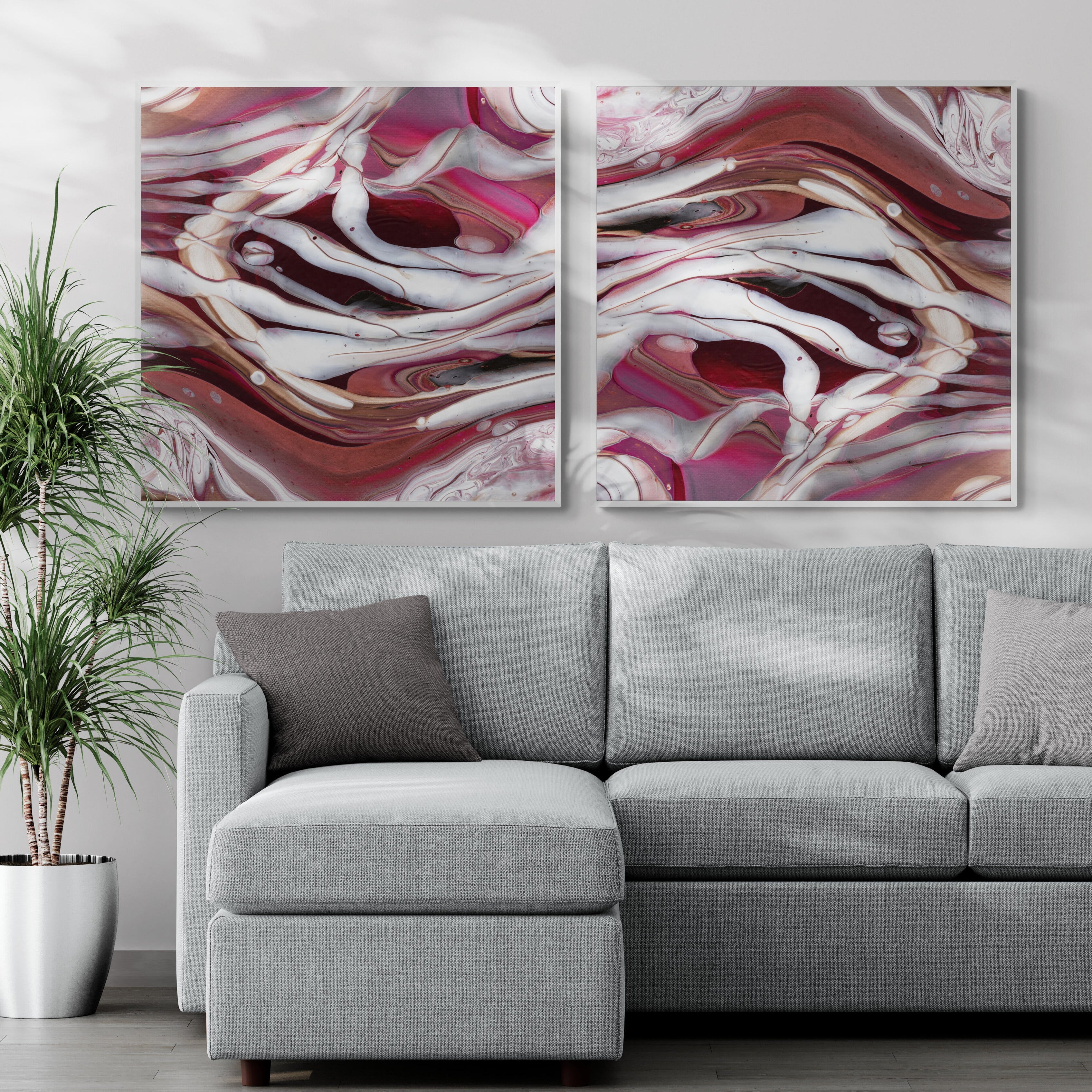 NL modern art-canvas-print-ardent-love-6-and-7-on-wall-in-living-room-with-sofa-and-tropical-plant-white-frame