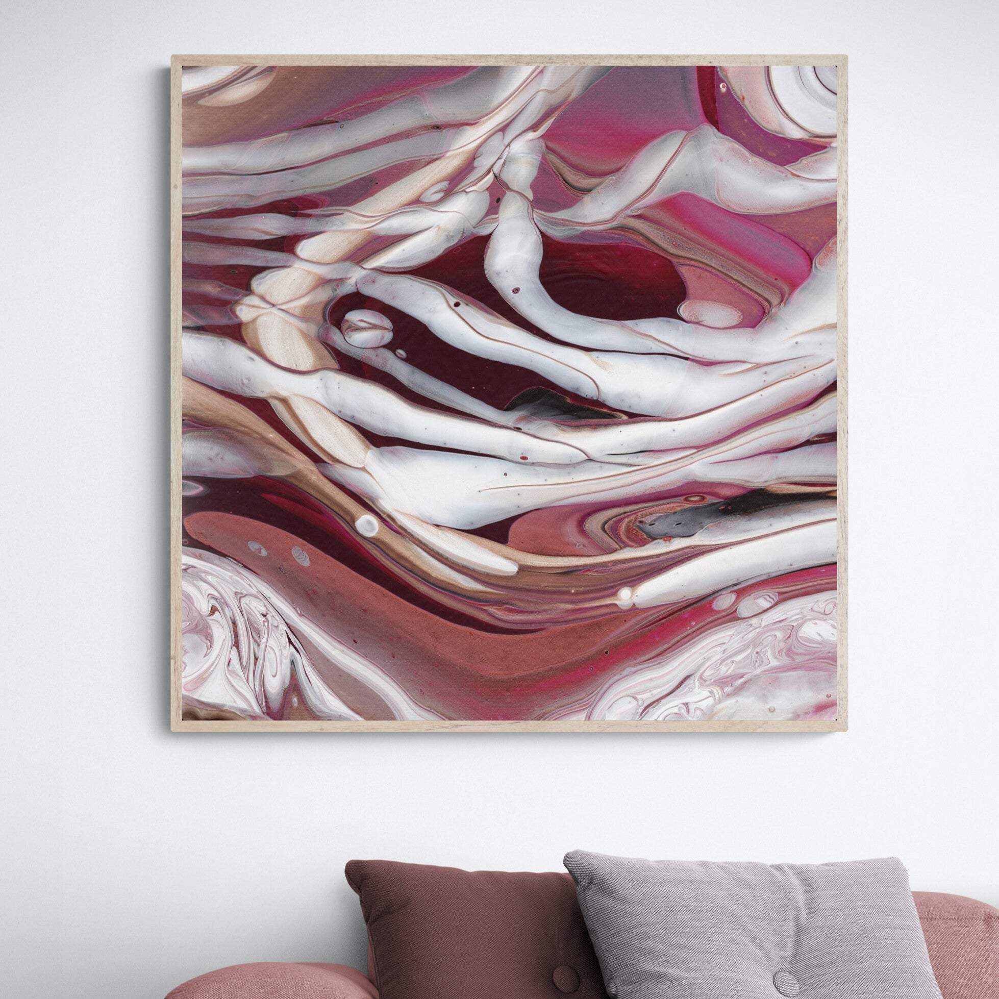 NL modern art-canvas-print-ardent-love-6 in oak frame on wall over-cosy-sofa-in-living-room