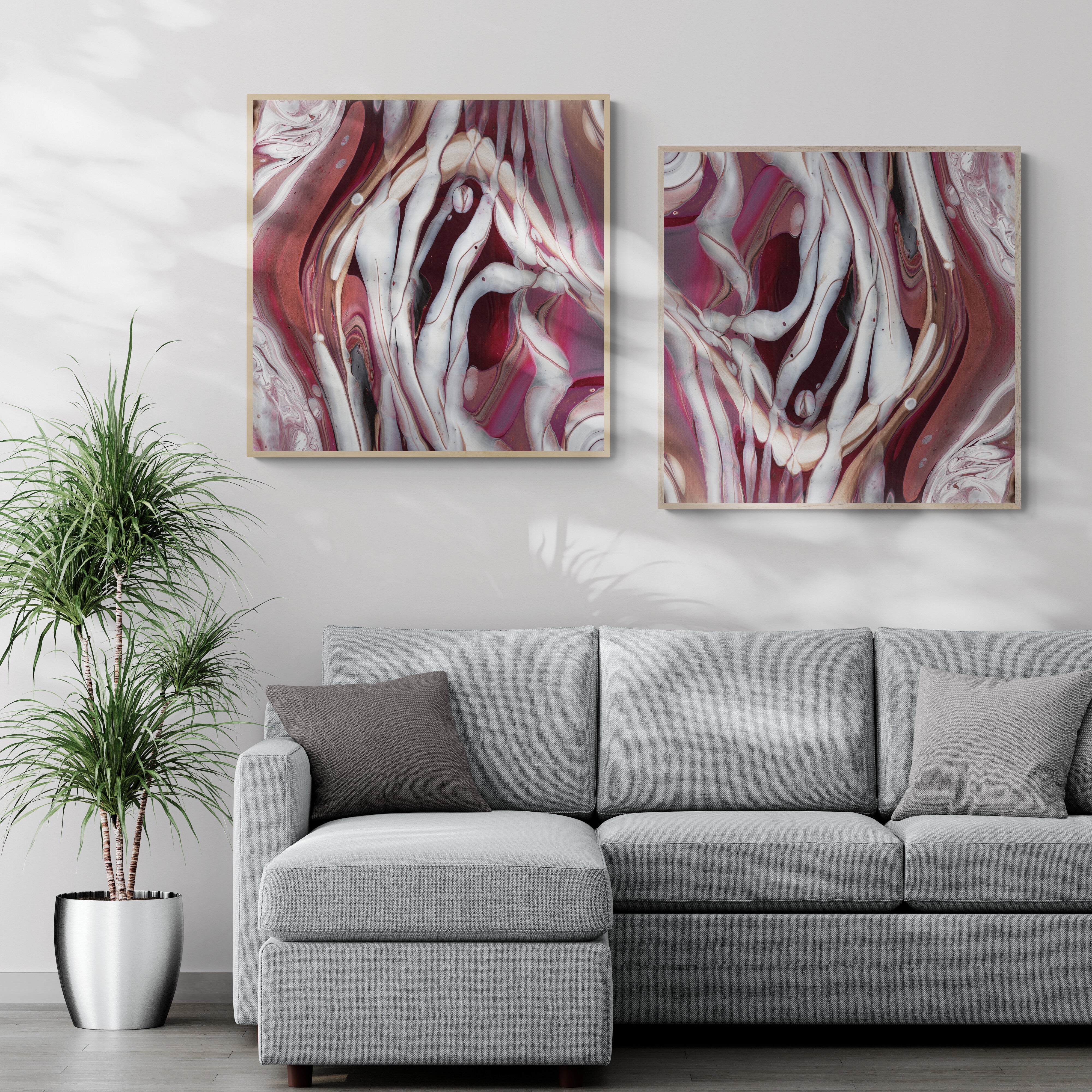 NL modern art-canvas-print-ardent-love-8-and-9-in oak frame on wall-in-living-room-with-sofa-and-tropical-plant